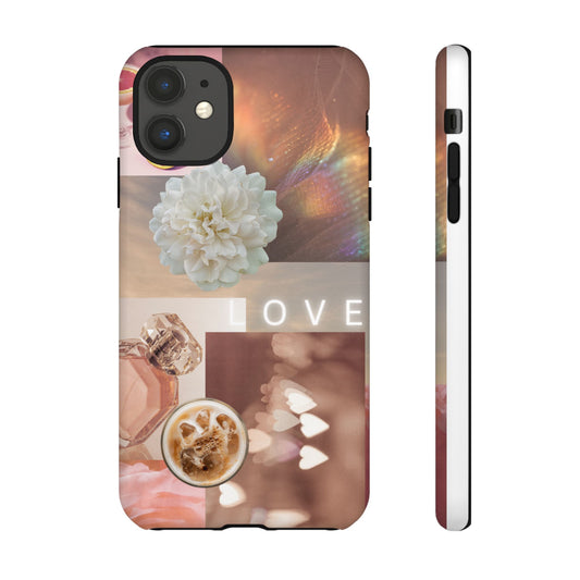 Romantic Collage Phone Case — 'LOVE' Floral, Coffee & Perfume Aesthetic