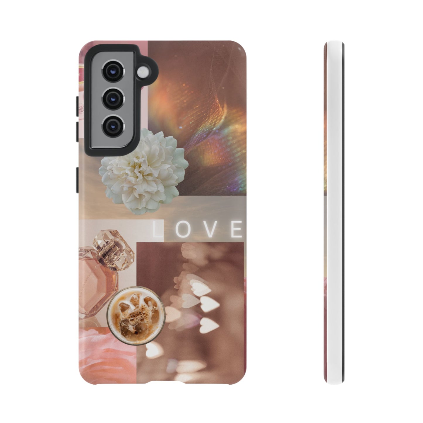 Romantic Collage Phone Case — 'LOVE' Floral, Coffee & Perfume Aesthetic