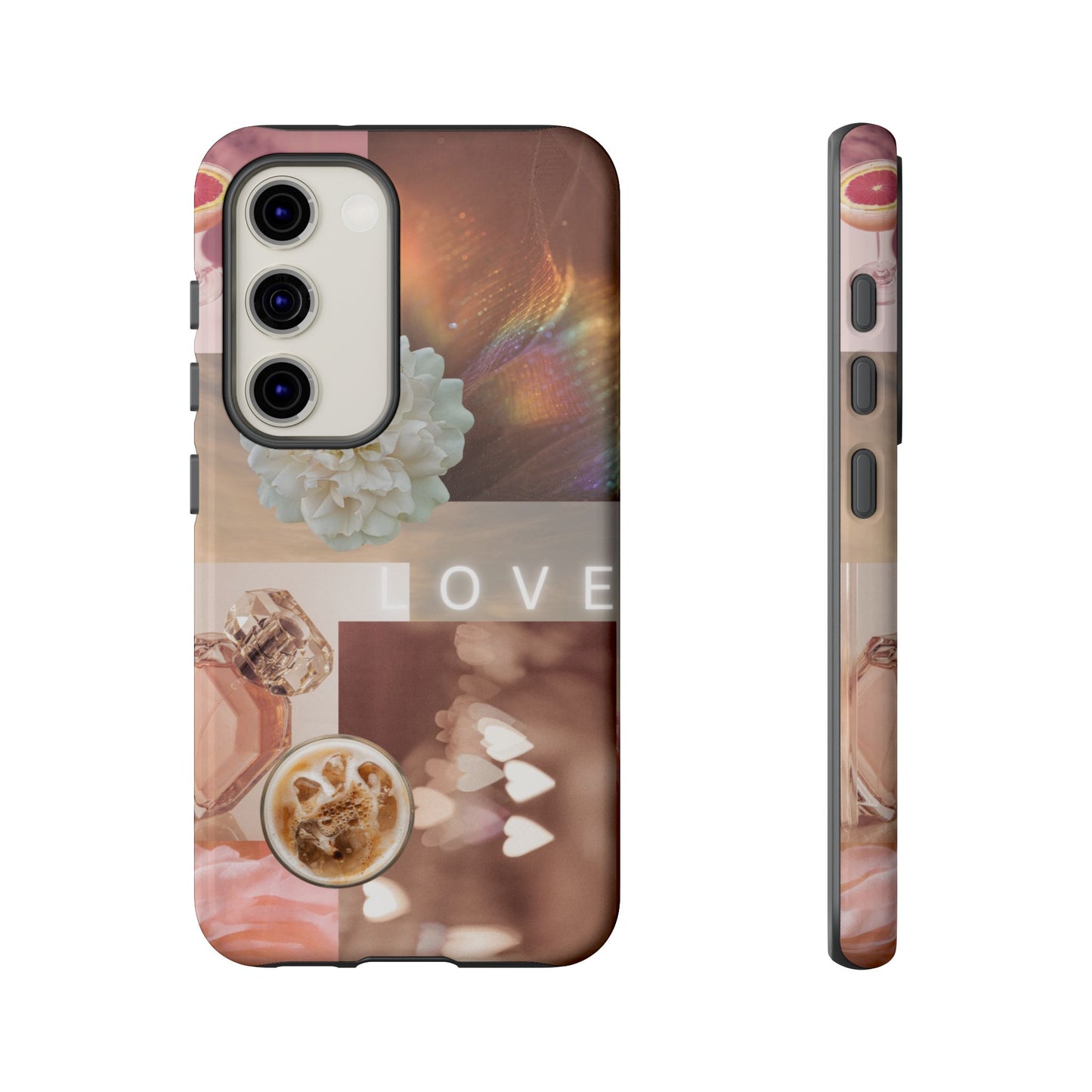 Romantic Collage Phone Case — 'LOVE' Floral, Coffee & Perfume Aesthetic
