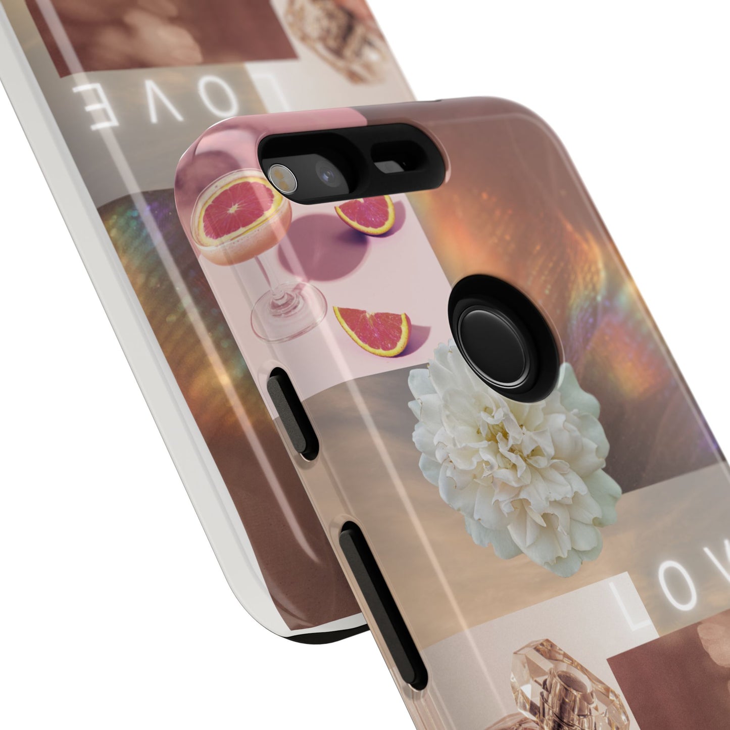Romantic Collage Phone Case — 'LOVE' Floral, Coffee & Perfume Aesthetic