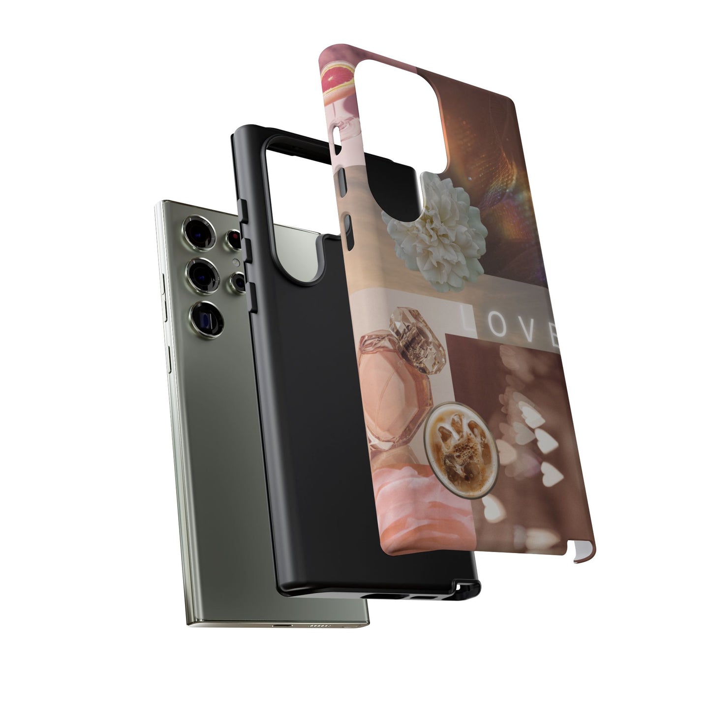 Romantic Collage Phone Case — 'LOVE' Floral, Coffee & Perfume Aesthetic