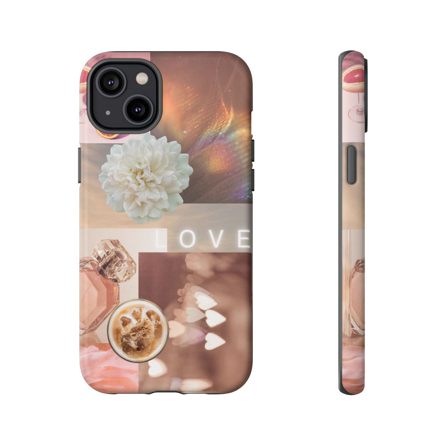 Romantic Collage Phone Case — 'LOVE' Floral, Coffee & Perfume Aesthetic