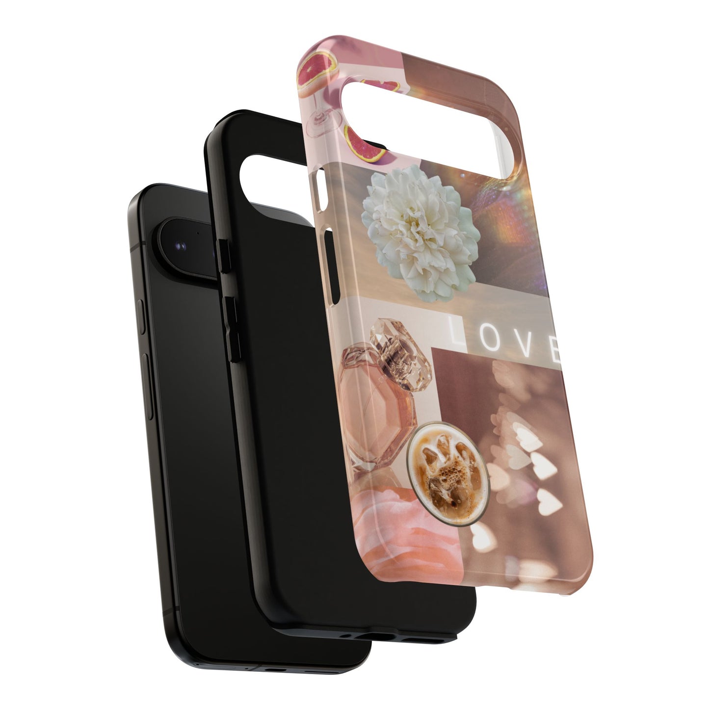 Romantic Collage Phone Case — 'LOVE' Floral, Coffee & Perfume Aesthetic