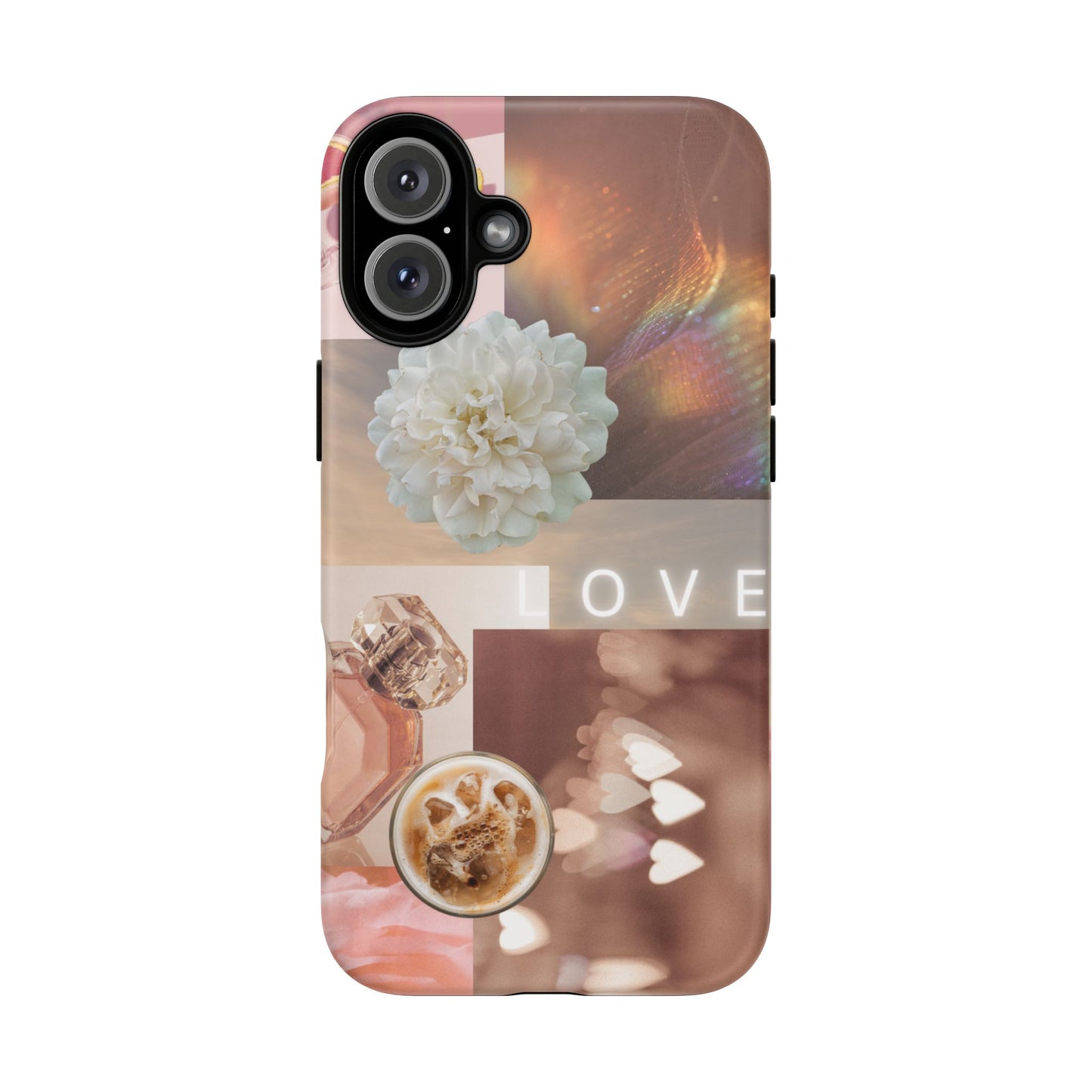 Romantic Collage Phone Case — 'LOVE' Floral, Coffee & Perfume Aesthetic
