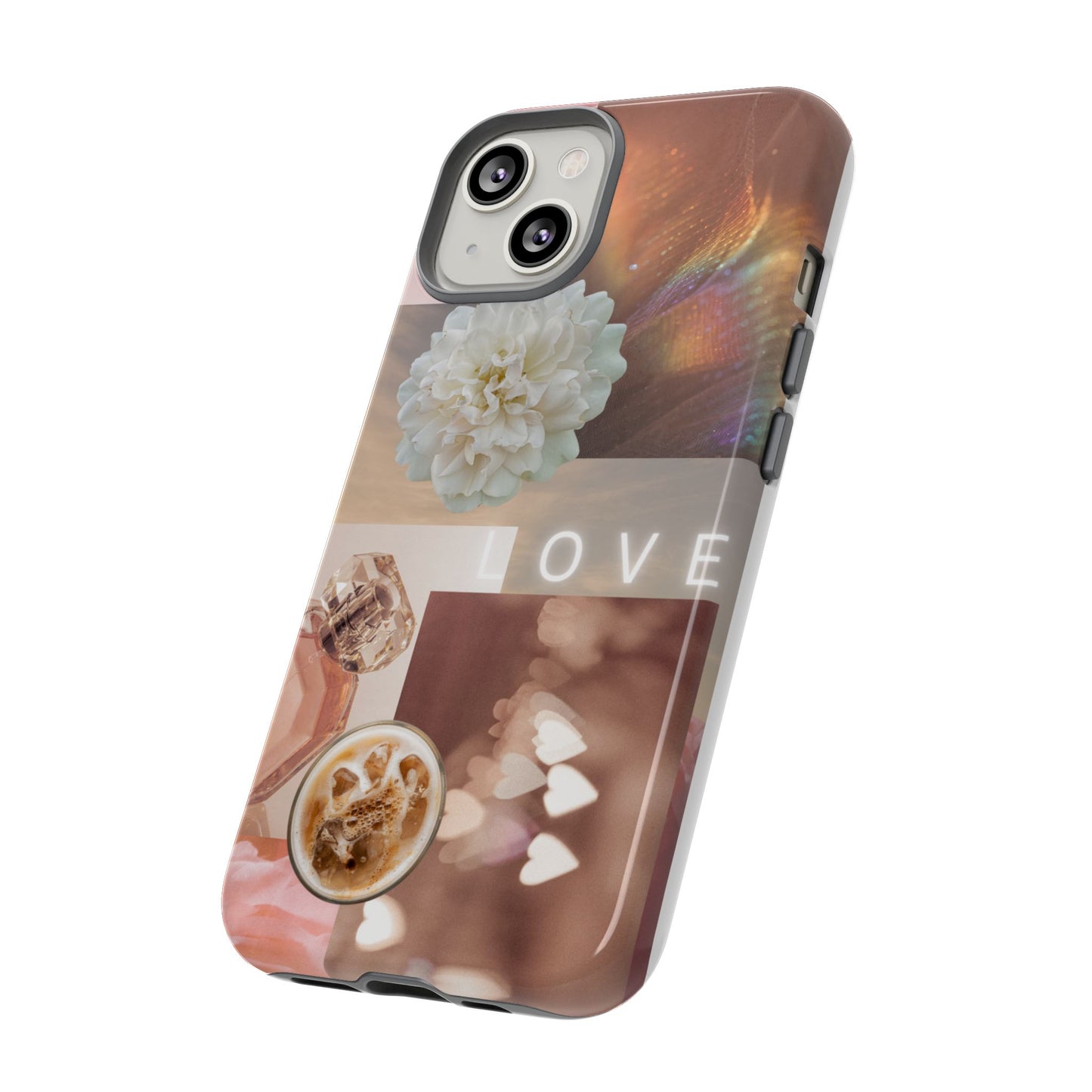 Romantic Collage Phone Case — 'LOVE' Floral, Coffee & Perfume Aesthetic