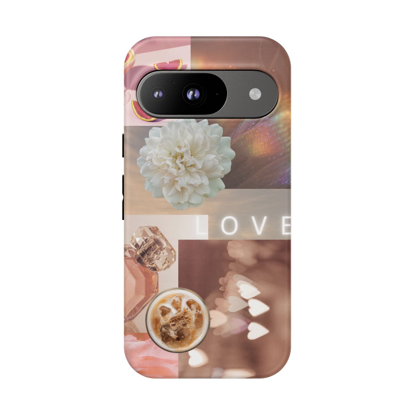 Romantic Collage Phone Case — 'LOVE' Floral, Coffee & Perfume Aesthetic