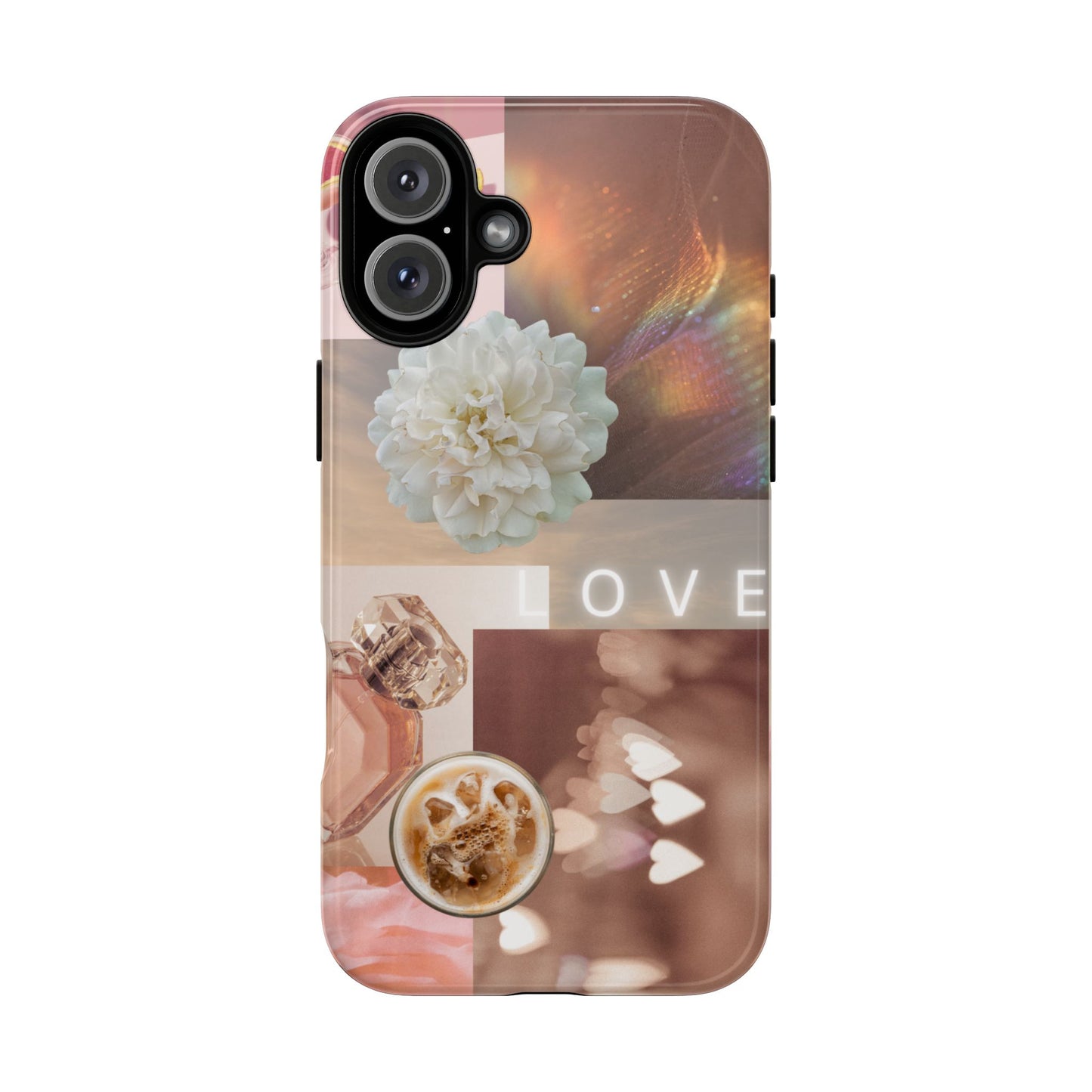 Romantic Collage Phone Case — 'LOVE' Floral, Coffee & Perfume Aesthetic