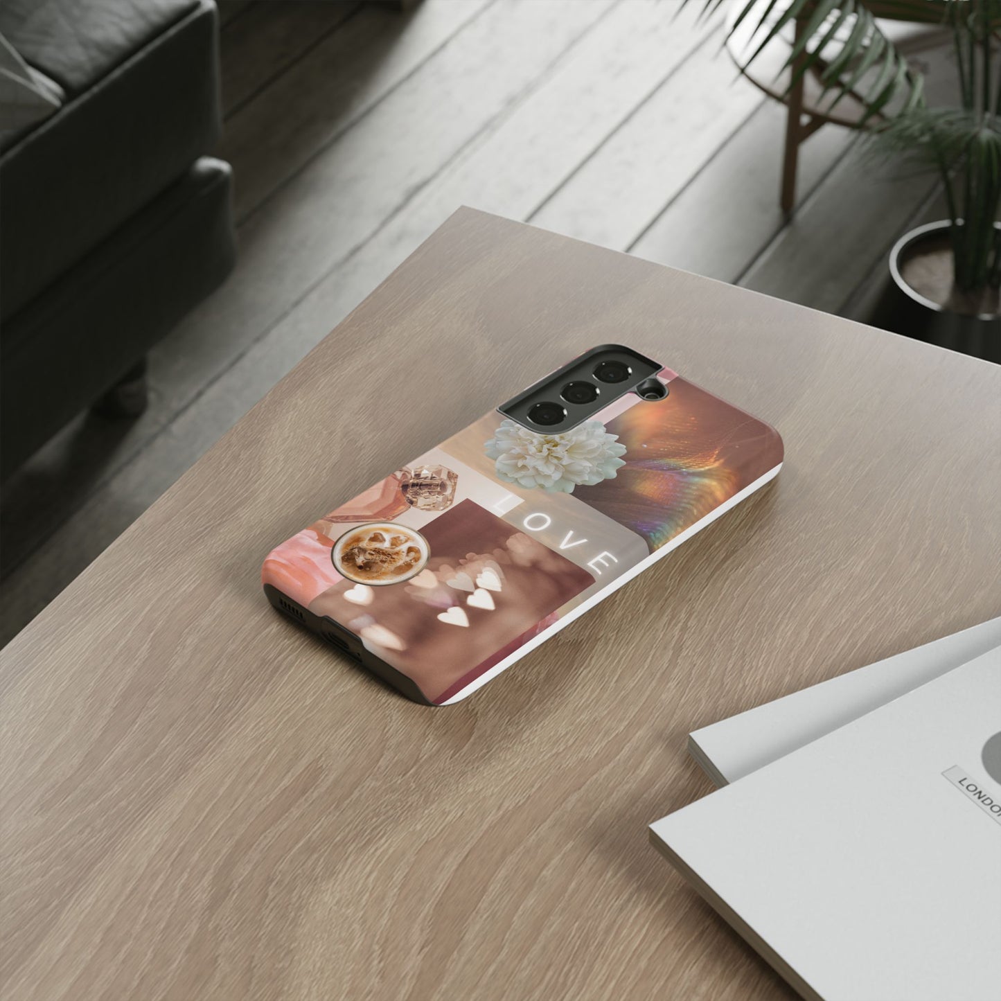 Romantic Collage Phone Case — 'LOVE' Floral, Coffee & Perfume Aesthetic