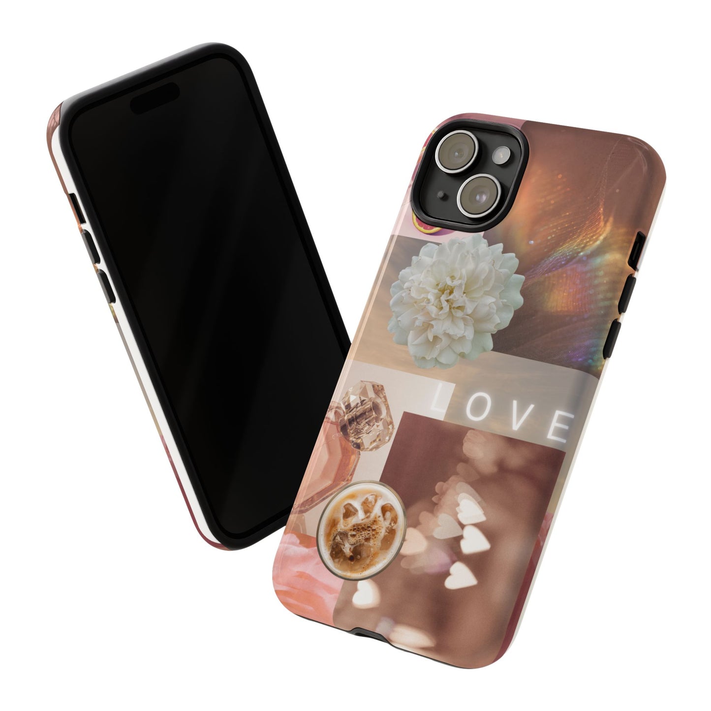 Romantic Collage Phone Case — 'LOVE' Floral, Coffee & Perfume Aesthetic
