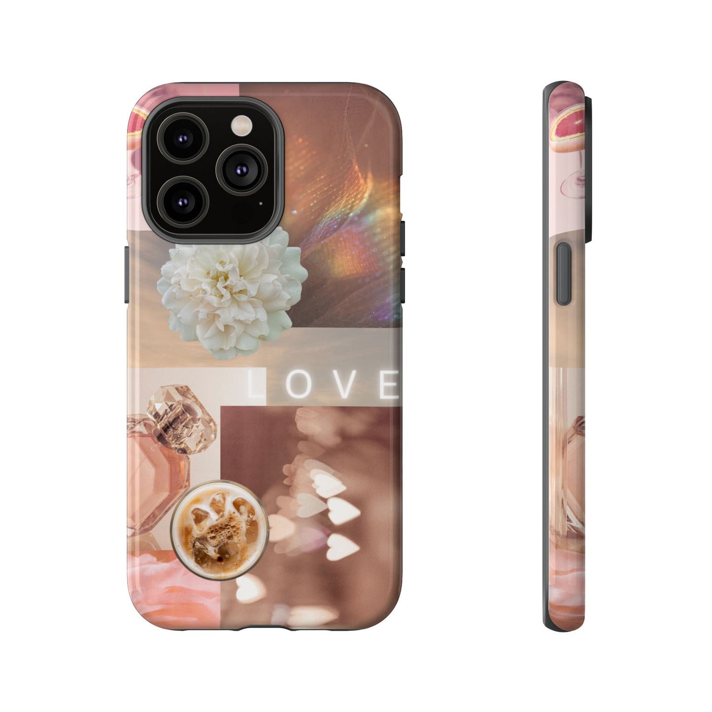 Romantic Collage Phone Case — 'LOVE' Floral, Coffee & Perfume Aesthetic