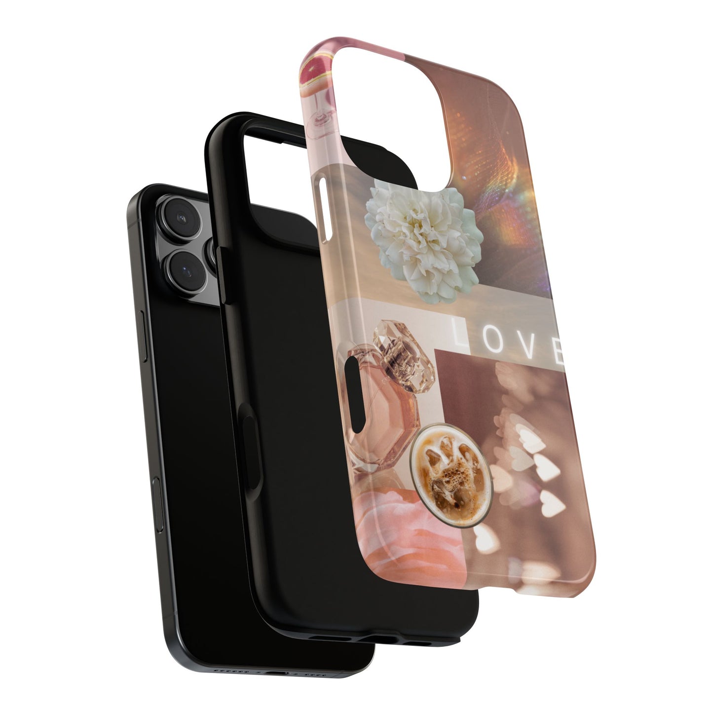 Romantic Collage Phone Case — 'LOVE' Floral, Coffee & Perfume Aesthetic
