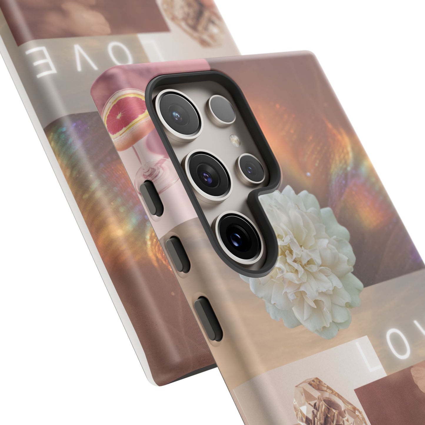 Romantic Collage Phone Case — 'LOVE' Floral, Coffee & Perfume Aesthetic