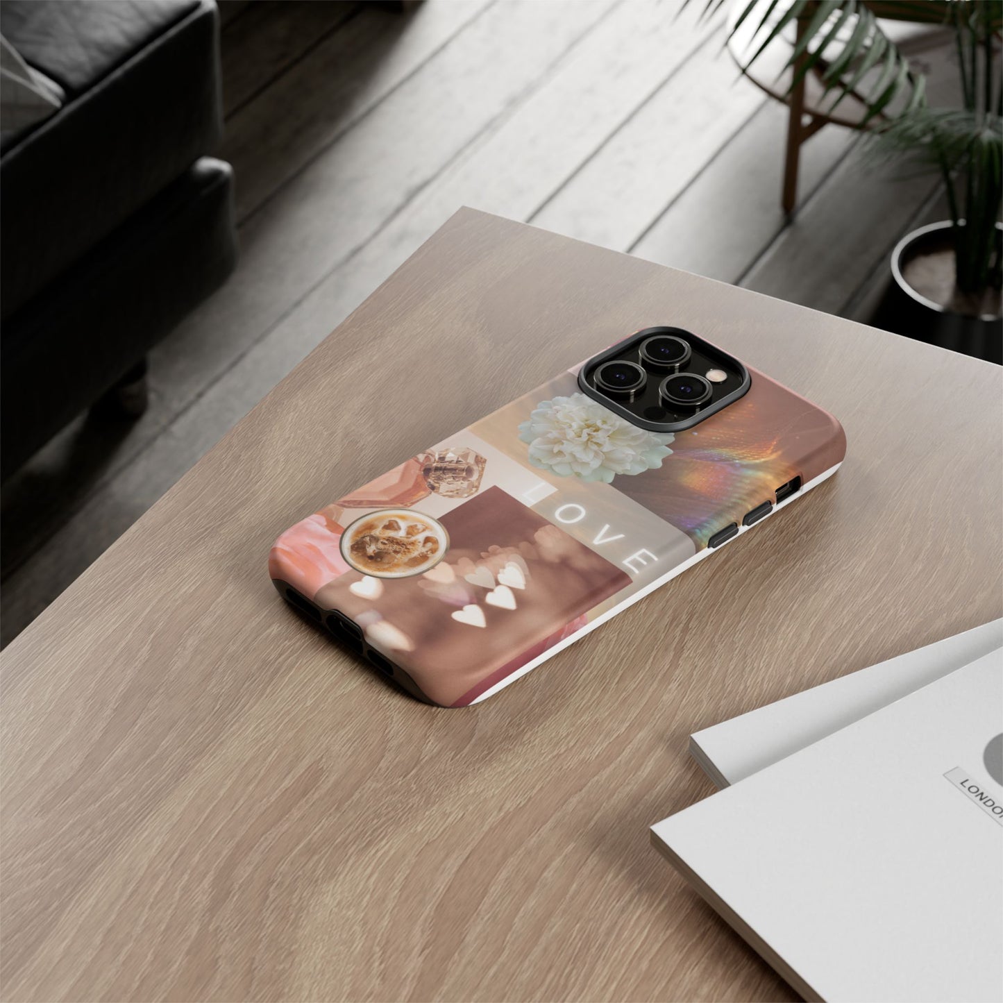 Romantic Collage Phone Case — 'LOVE' Floral, Coffee & Perfume Aesthetic