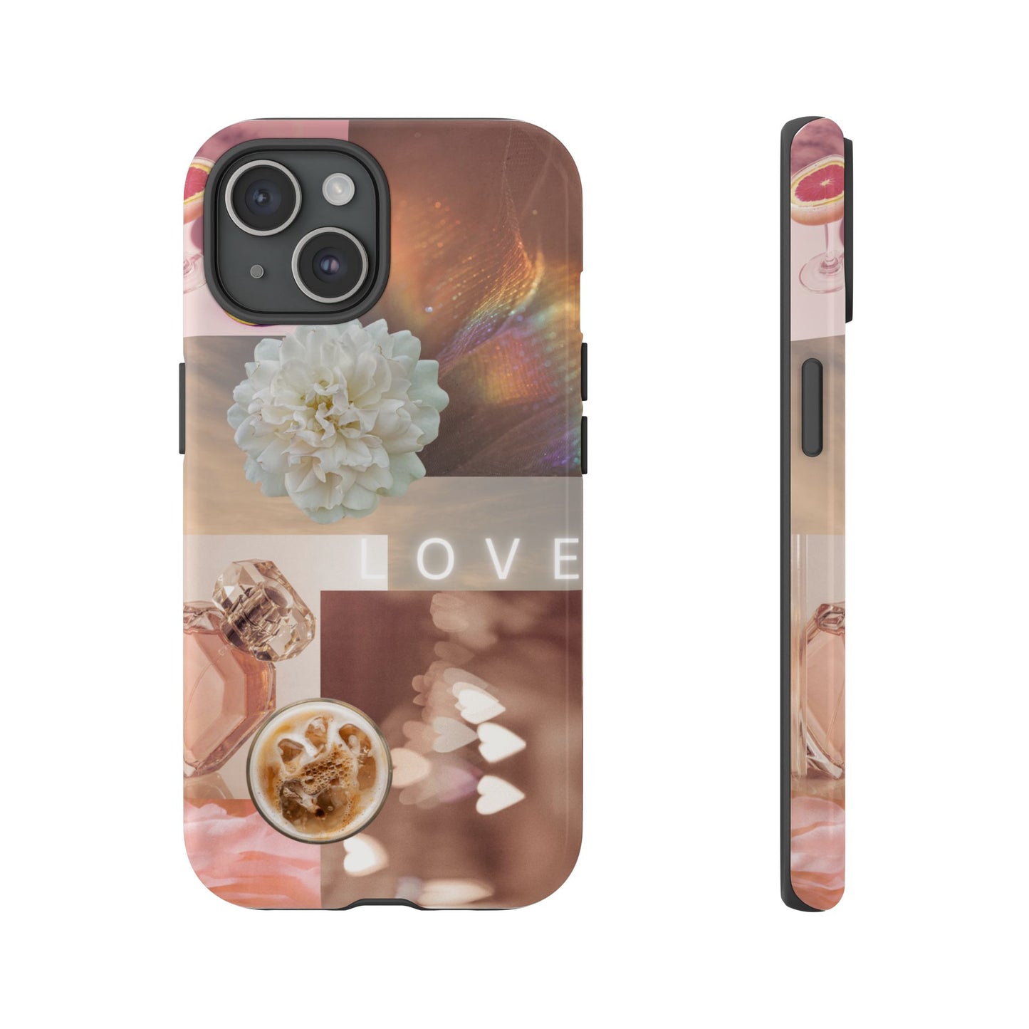Romantic Collage Phone Case — 'LOVE' Floral, Coffee & Perfume Aesthetic