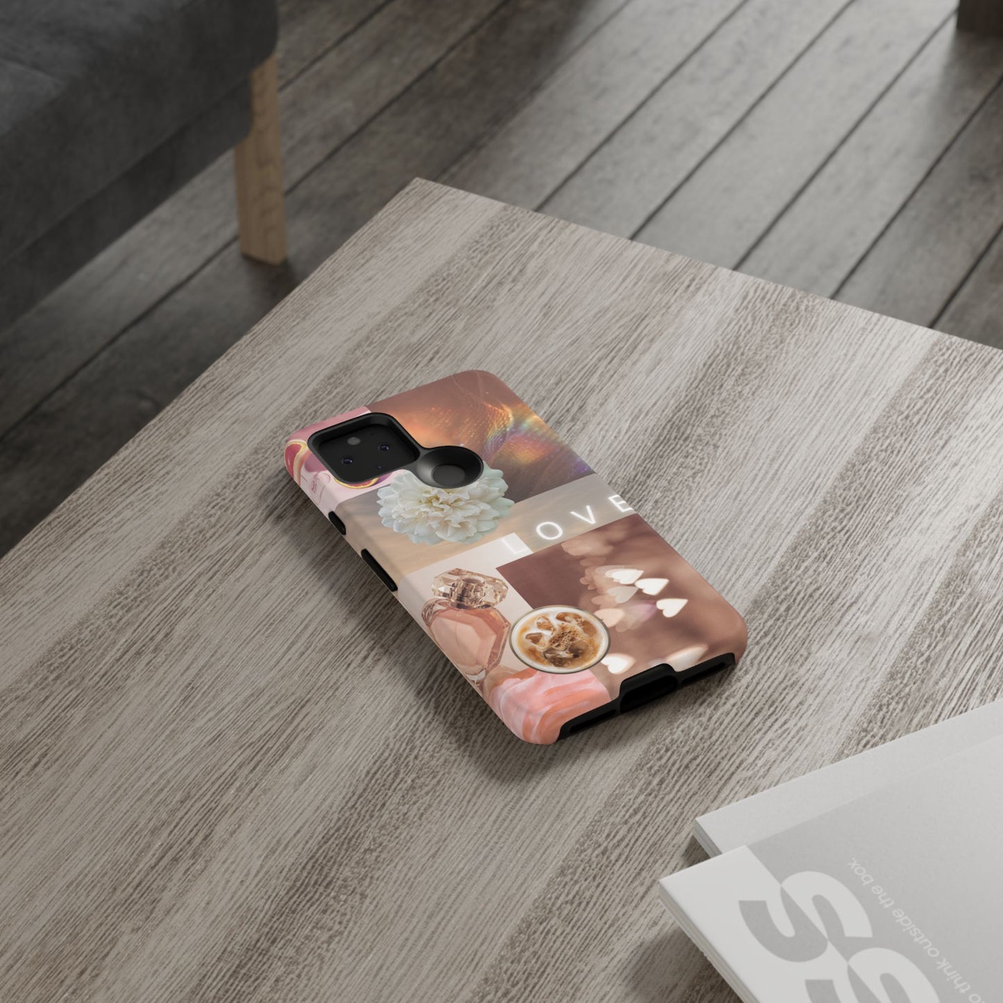 Romantic Collage Phone Case — 'LOVE' Floral, Coffee & Perfume Aesthetic