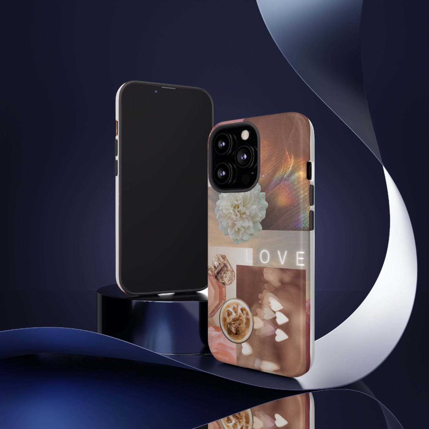 Romantic Collage Phone Case — 'LOVE' Floral, Coffee & Perfume Aesthetic
