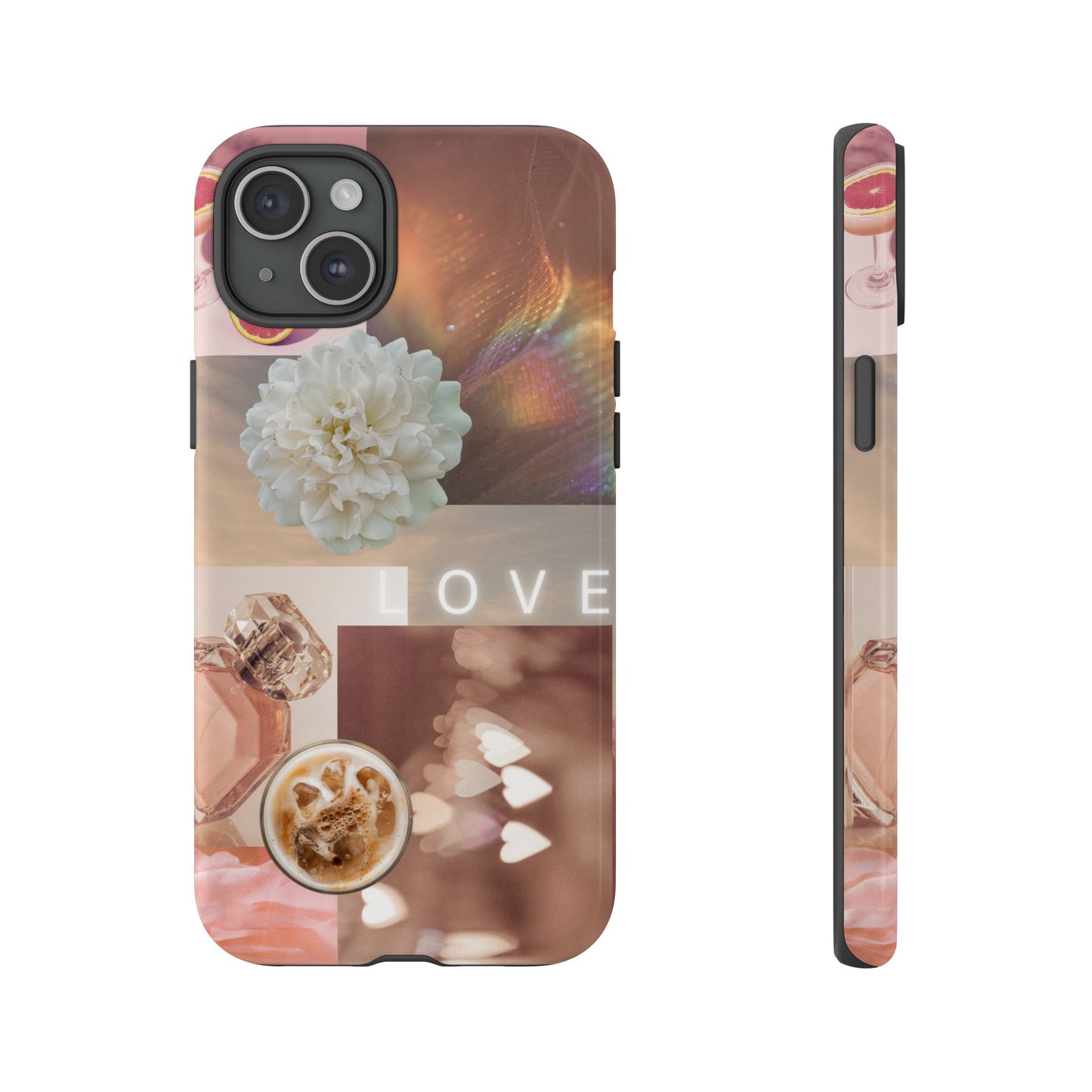Romantic Collage Phone Case — 'LOVE' Floral, Coffee & Perfume Aesthetic