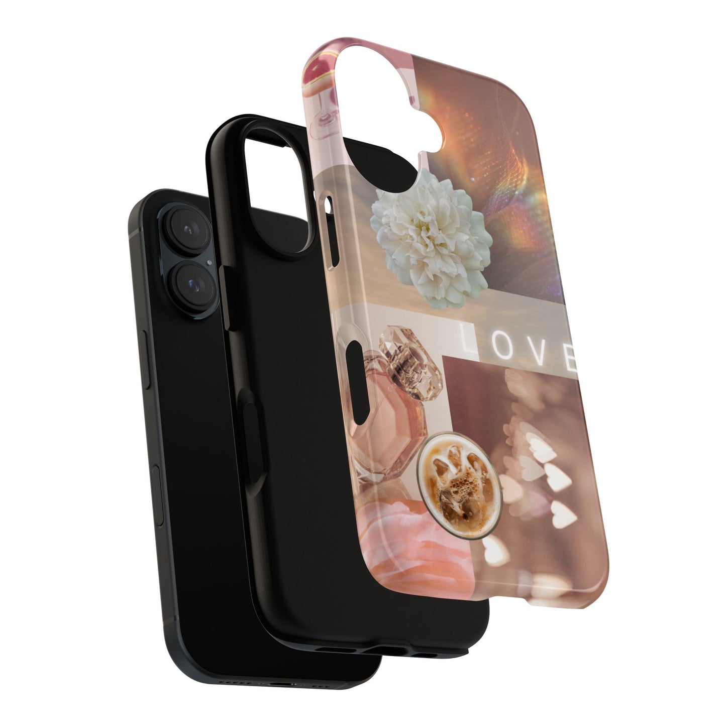 Romantic Collage Phone Case — 'LOVE' Floral, Coffee & Perfume Aesthetic