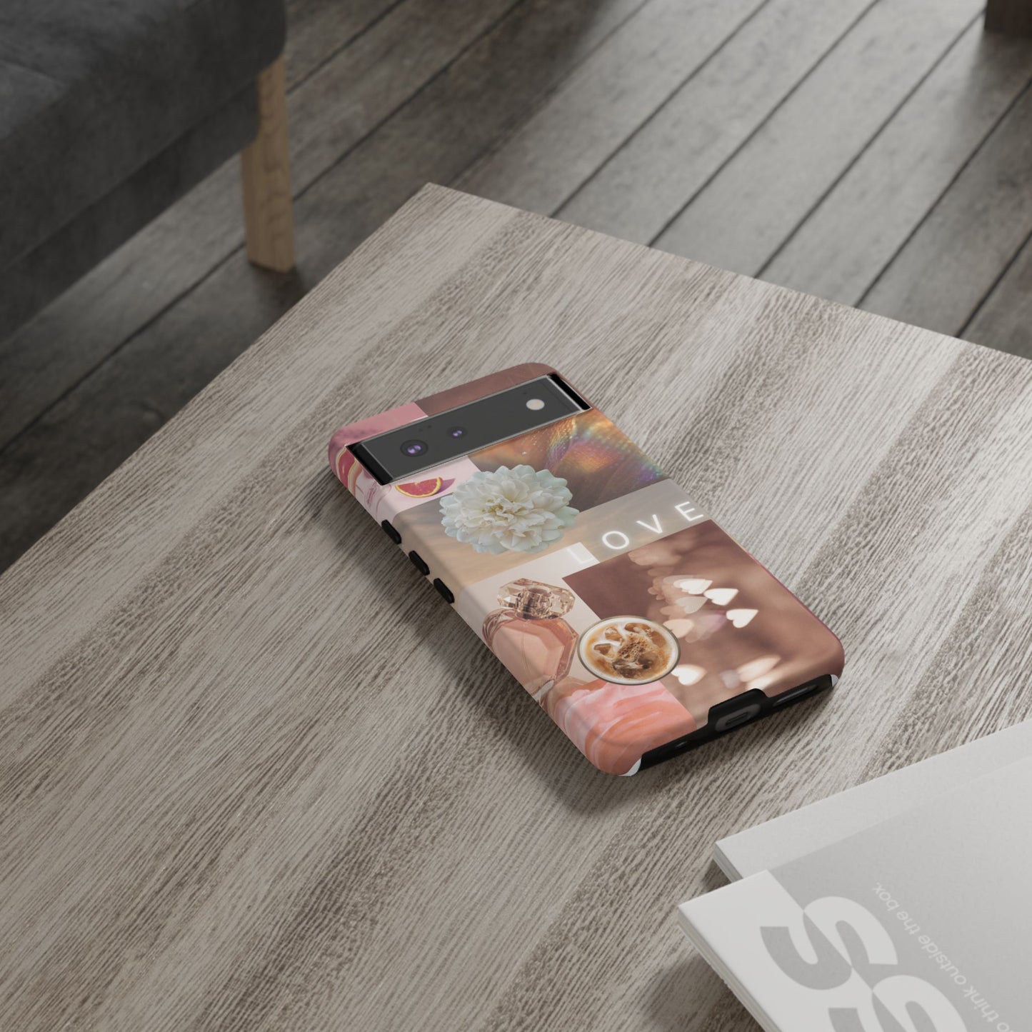 Romantic Collage Phone Case — 'LOVE' Floral, Coffee & Perfume Aesthetic