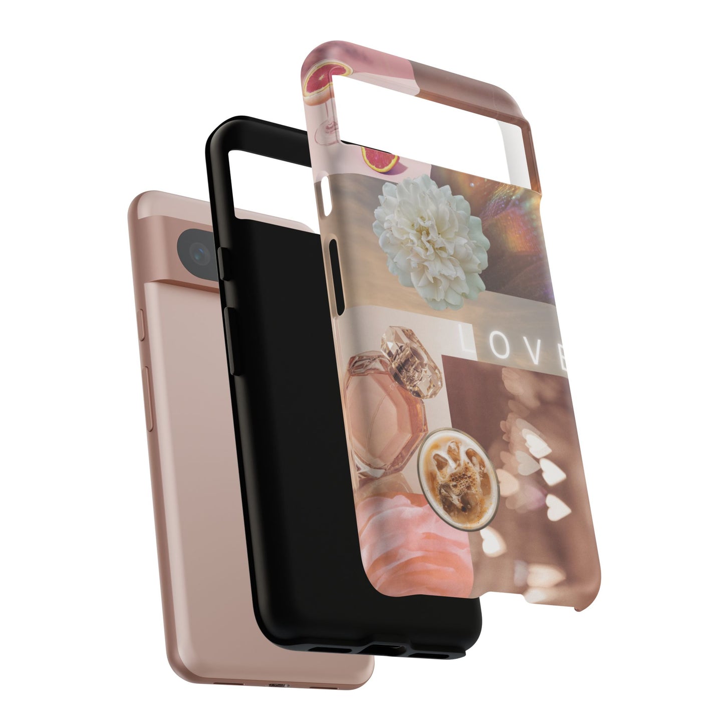 Romantic Collage Phone Case — 'LOVE' Floral, Coffee & Perfume Aesthetic