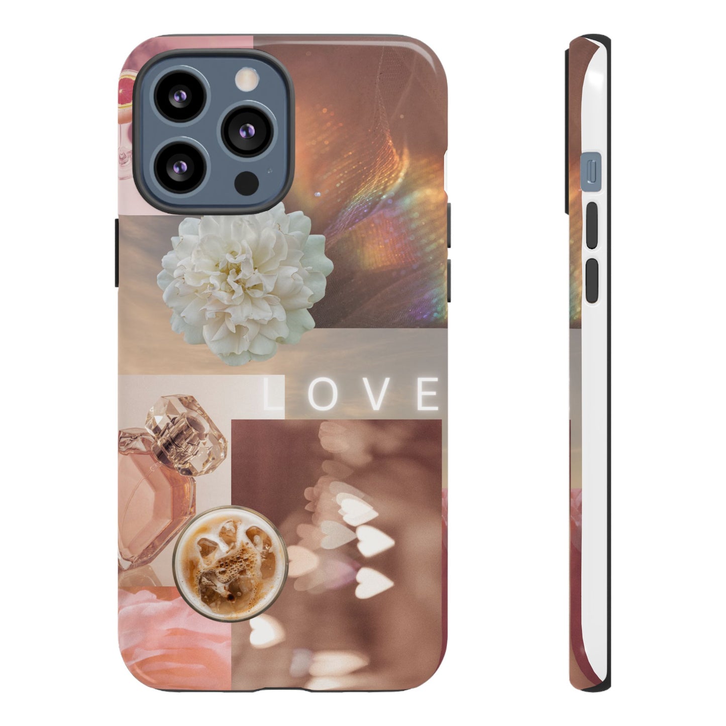 Romantic Collage Phone Case — 'LOVE' Floral, Coffee & Perfume Aesthetic