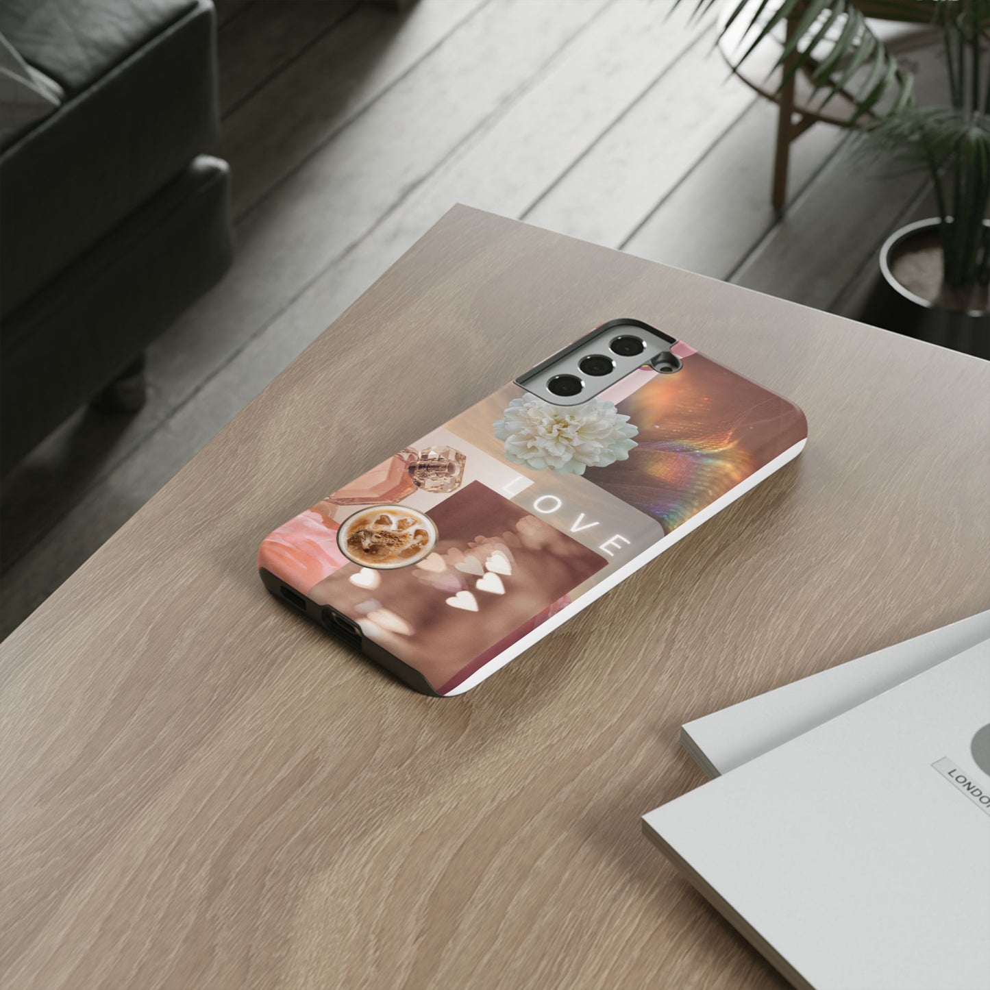Romantic Collage Phone Case — 'LOVE' Floral, Coffee & Perfume Aesthetic