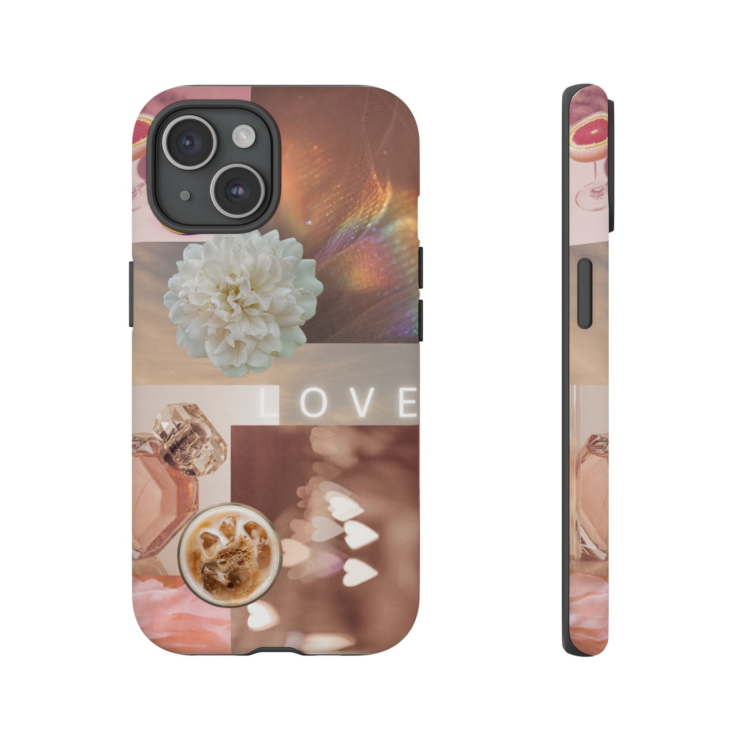 Romantic Collage Phone Case — 'LOVE' Floral, Coffee & Perfume Aesthetic