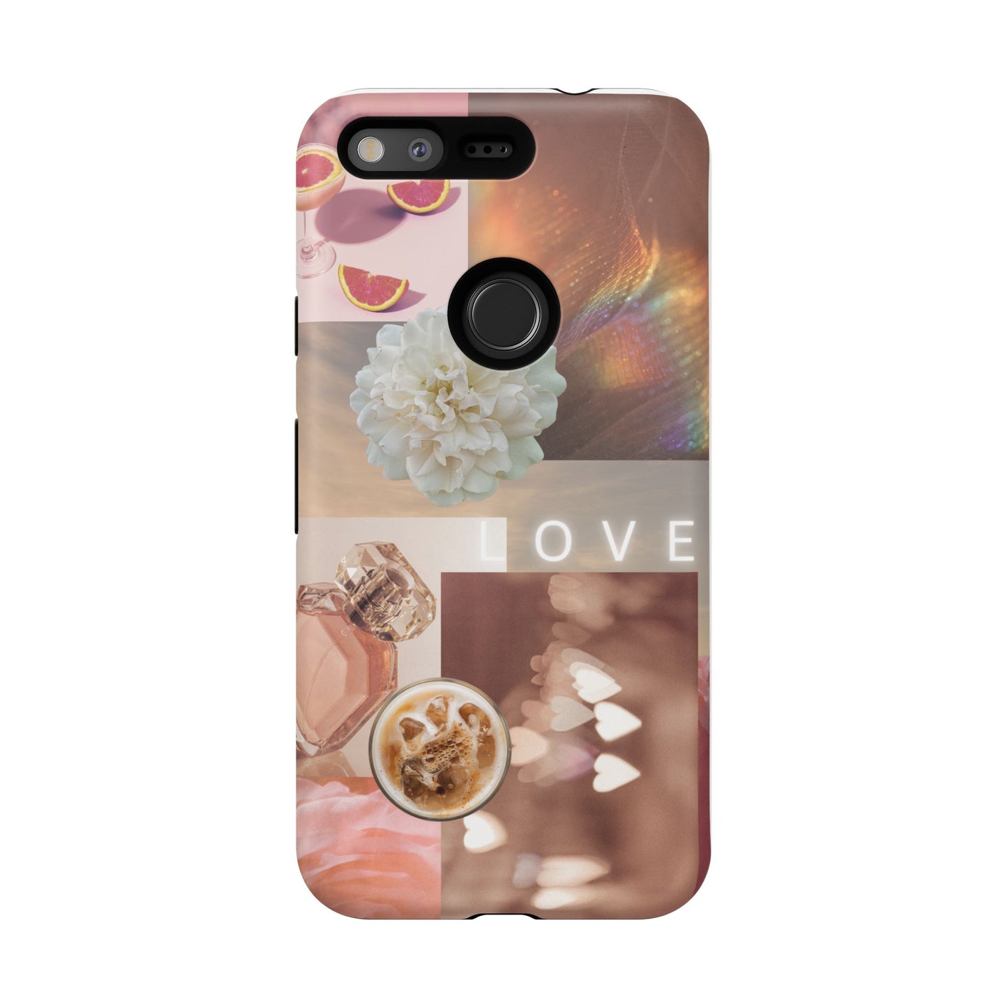 Romantic Collage Phone Case — 'LOVE' Floral, Coffee & Perfume Aesthetic