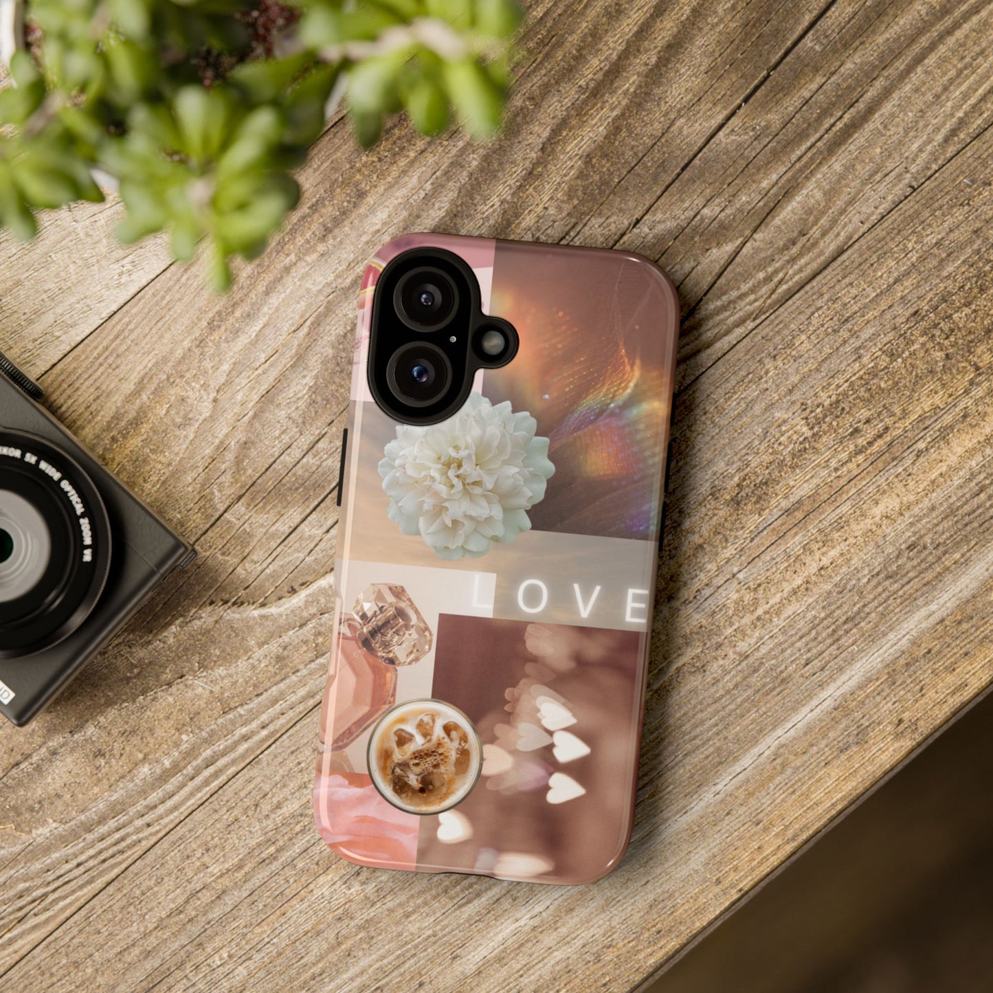 Romantic Collage Phone Case — 'LOVE' Floral, Coffee & Perfume Aesthetic