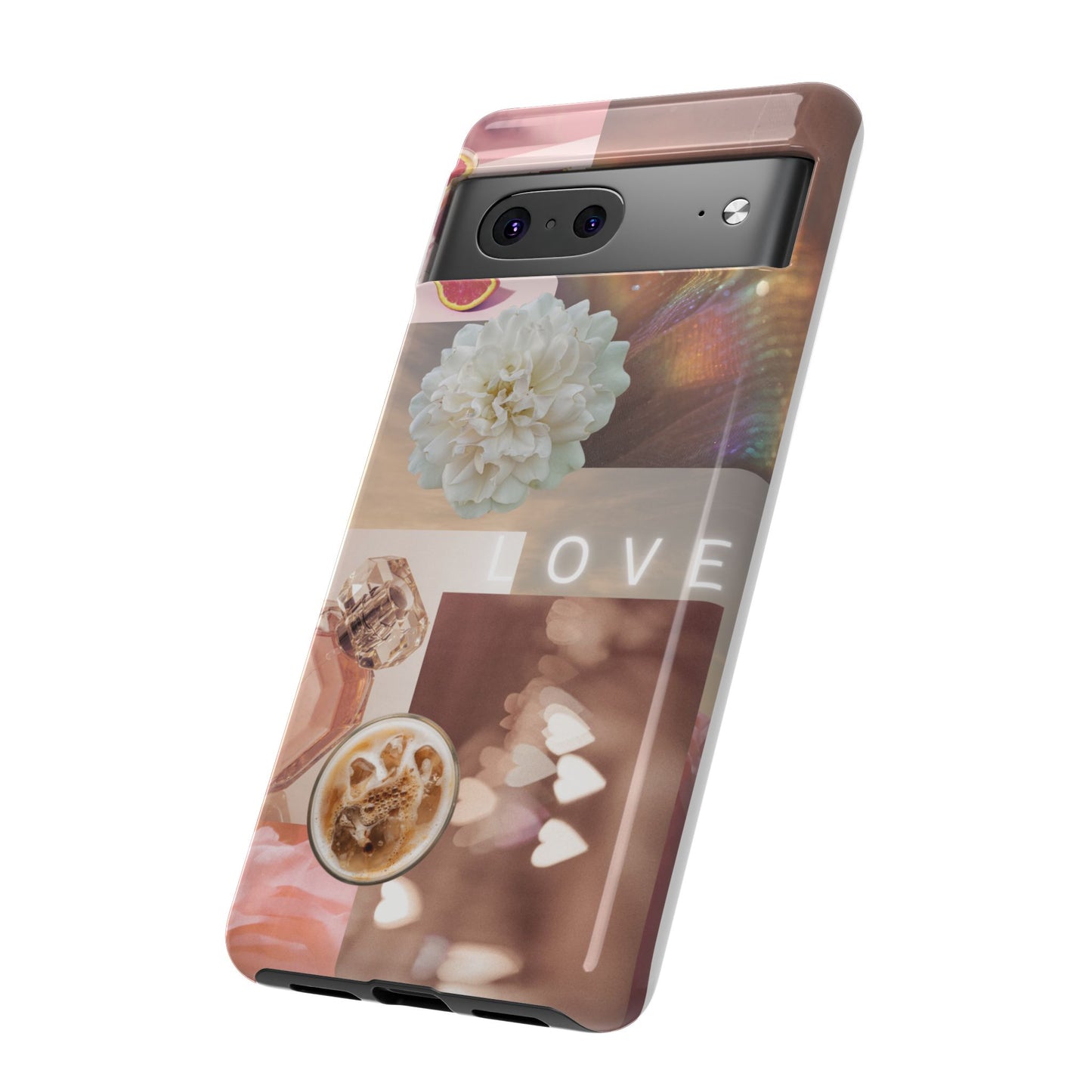 Romantic Collage Phone Case — 'LOVE' Floral, Coffee & Perfume Aesthetic