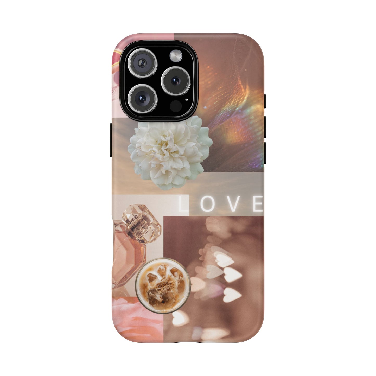Romantic Collage Phone Case — 'LOVE' Floral, Coffee & Perfume Aesthetic