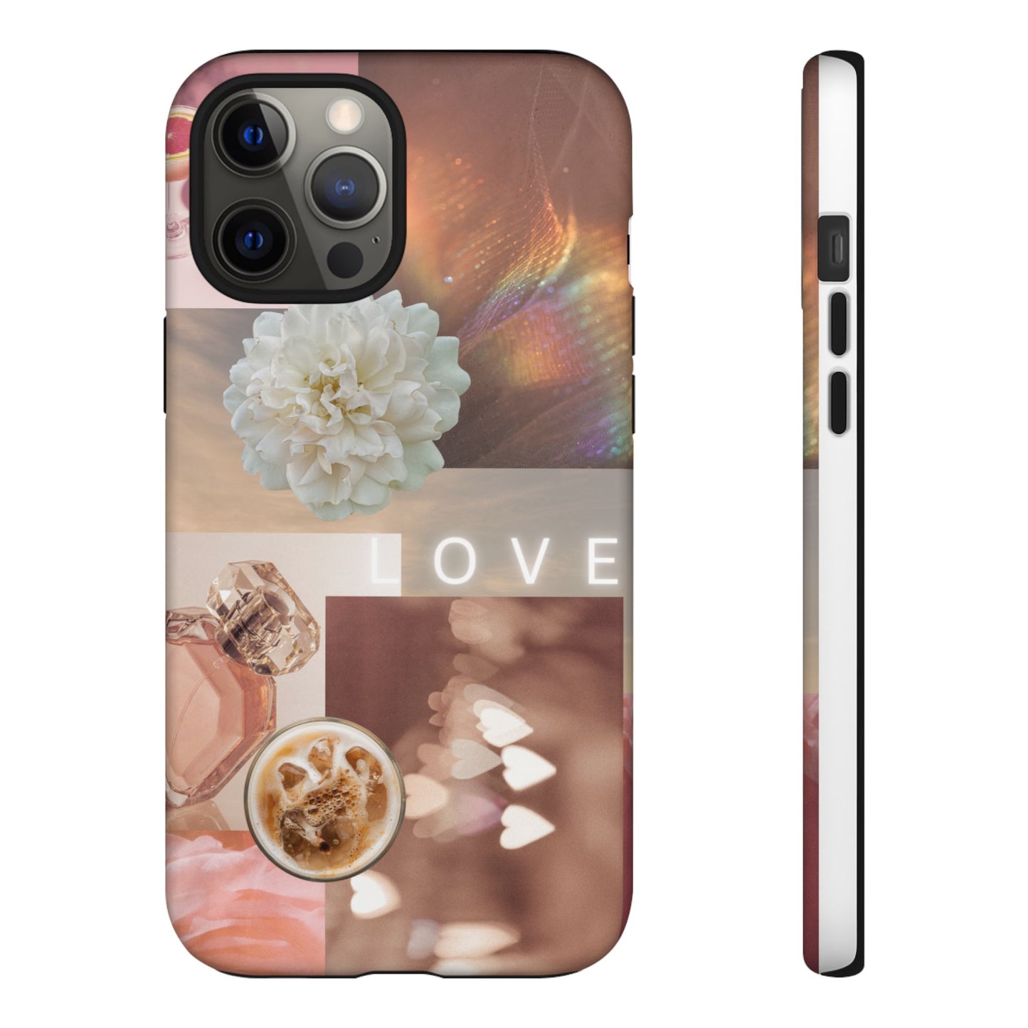 Romantic Collage Phone Case — 'LOVE' Floral, Coffee & Perfume Aesthetic