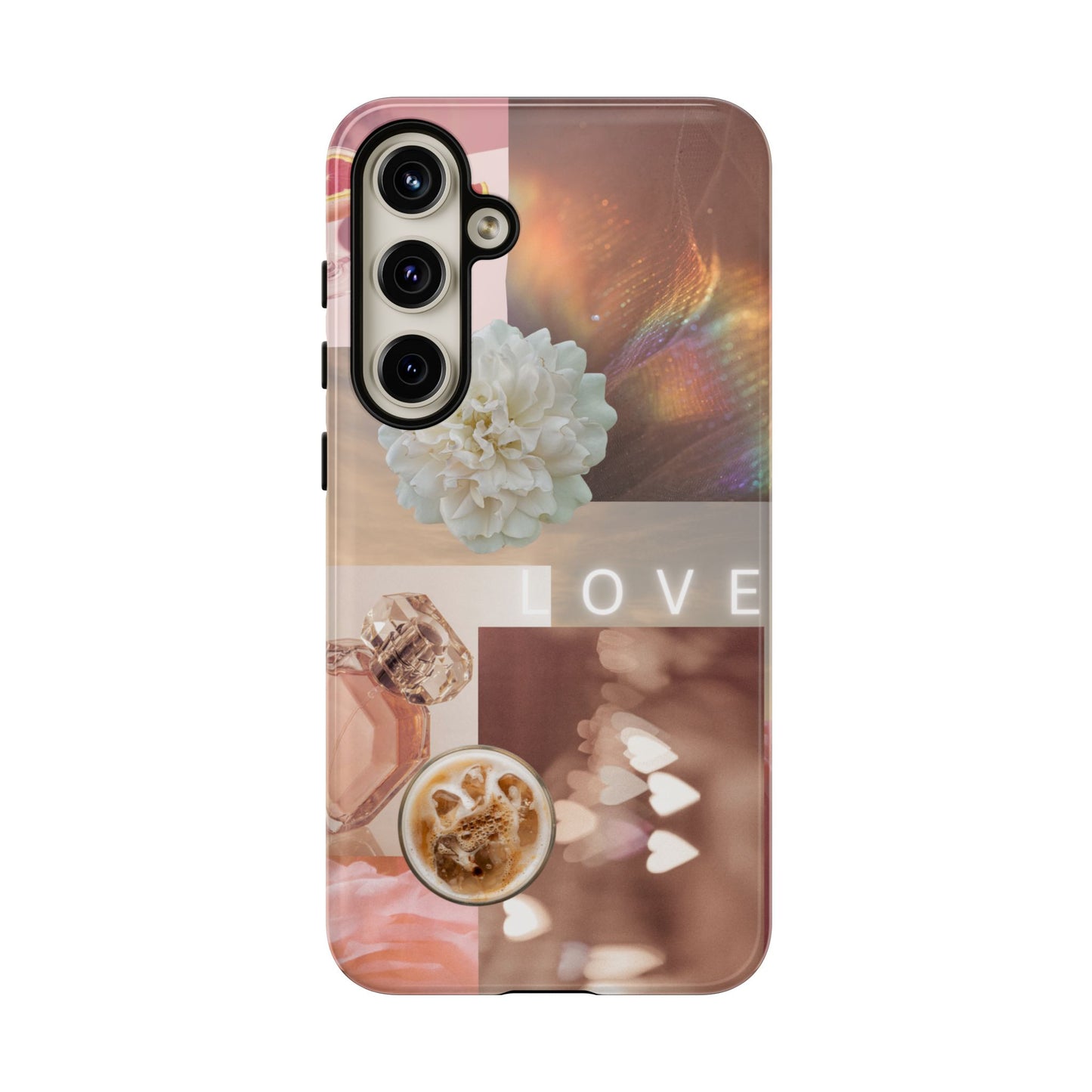 Romantic Collage Phone Case — 'LOVE' Floral, Coffee & Perfume Aesthetic