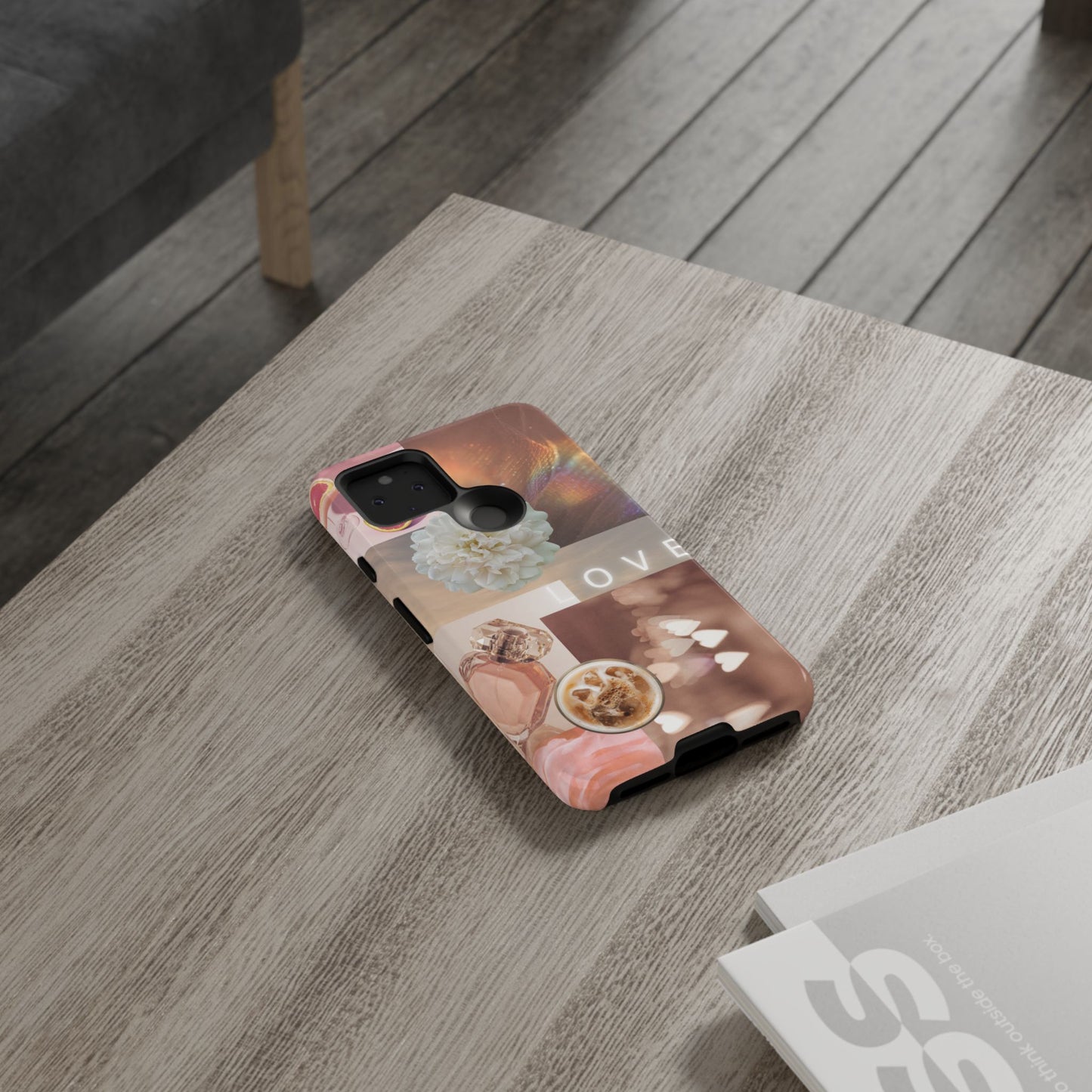 Romantic Collage Phone Case — 'LOVE' Floral, Coffee & Perfume Aesthetic