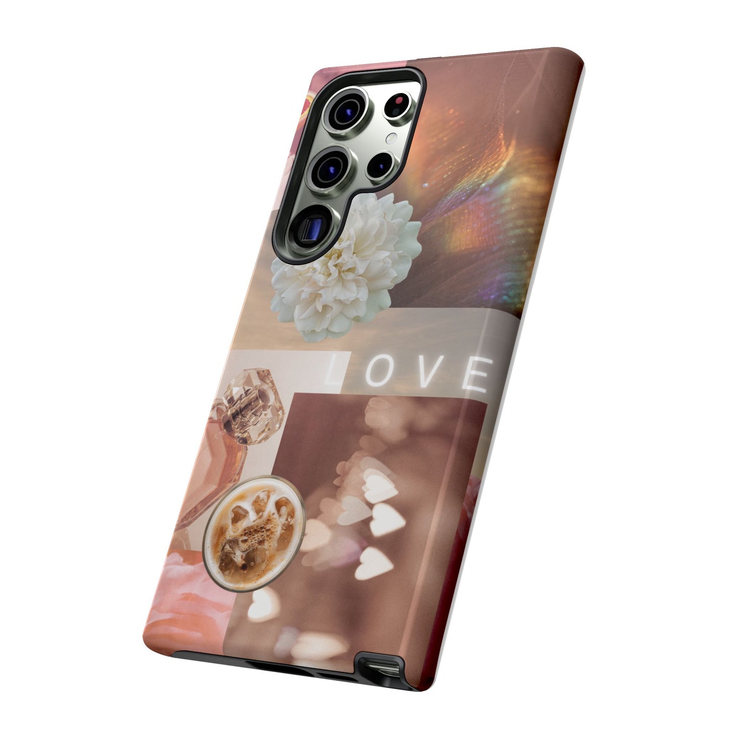 Romantic Collage Phone Case — 'LOVE' Floral, Coffee & Perfume Aesthetic