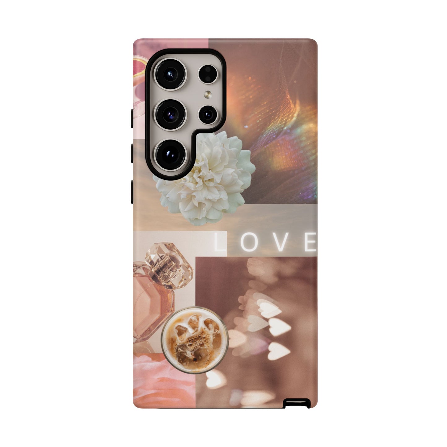 Romantic Collage Phone Case — 'LOVE' Floral, Coffee & Perfume Aesthetic