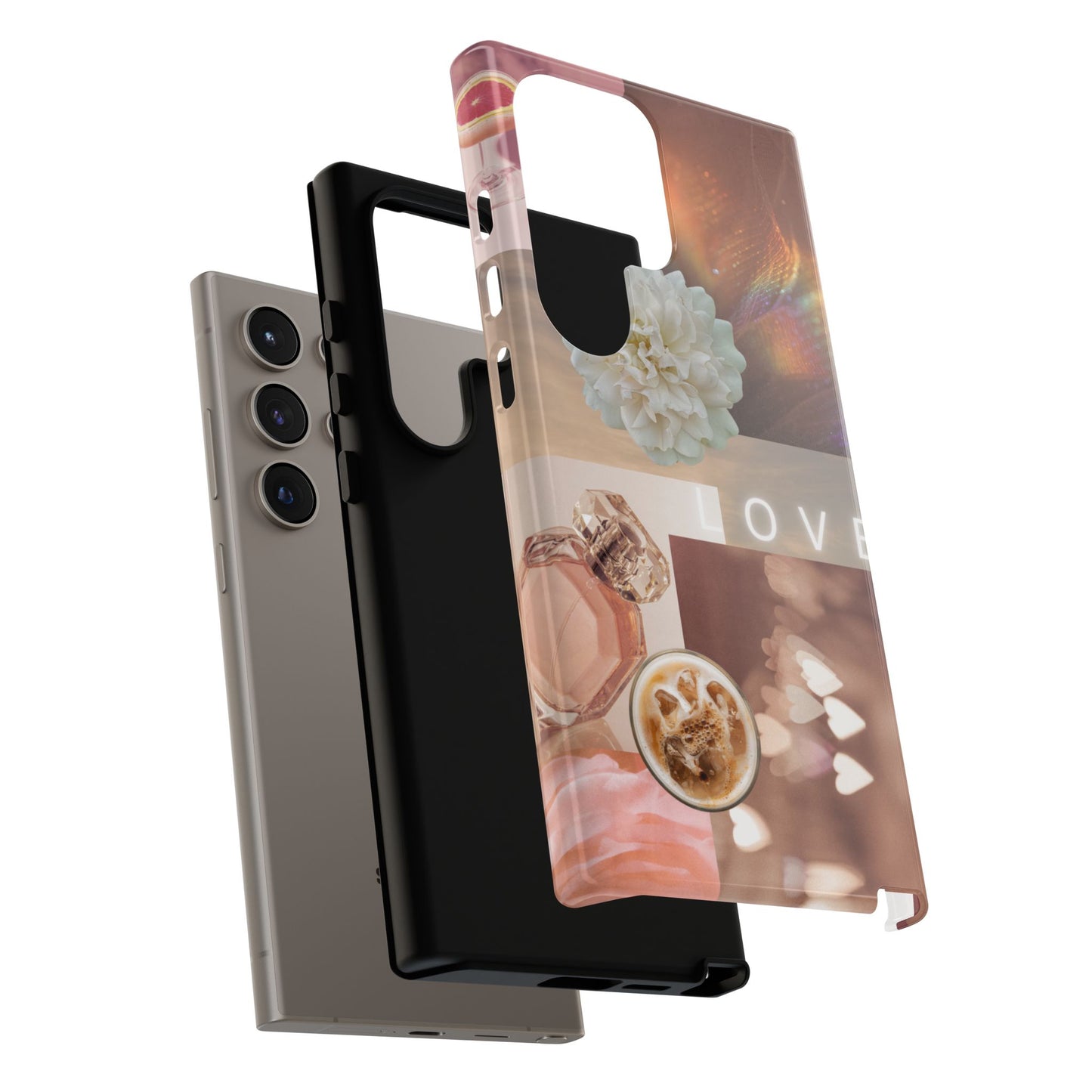 Romantic Collage Phone Case — 'LOVE' Floral, Coffee & Perfume Aesthetic