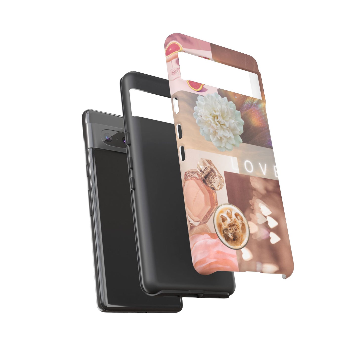 Romantic Collage Phone Case — 'LOVE' Floral, Coffee & Perfume Aesthetic