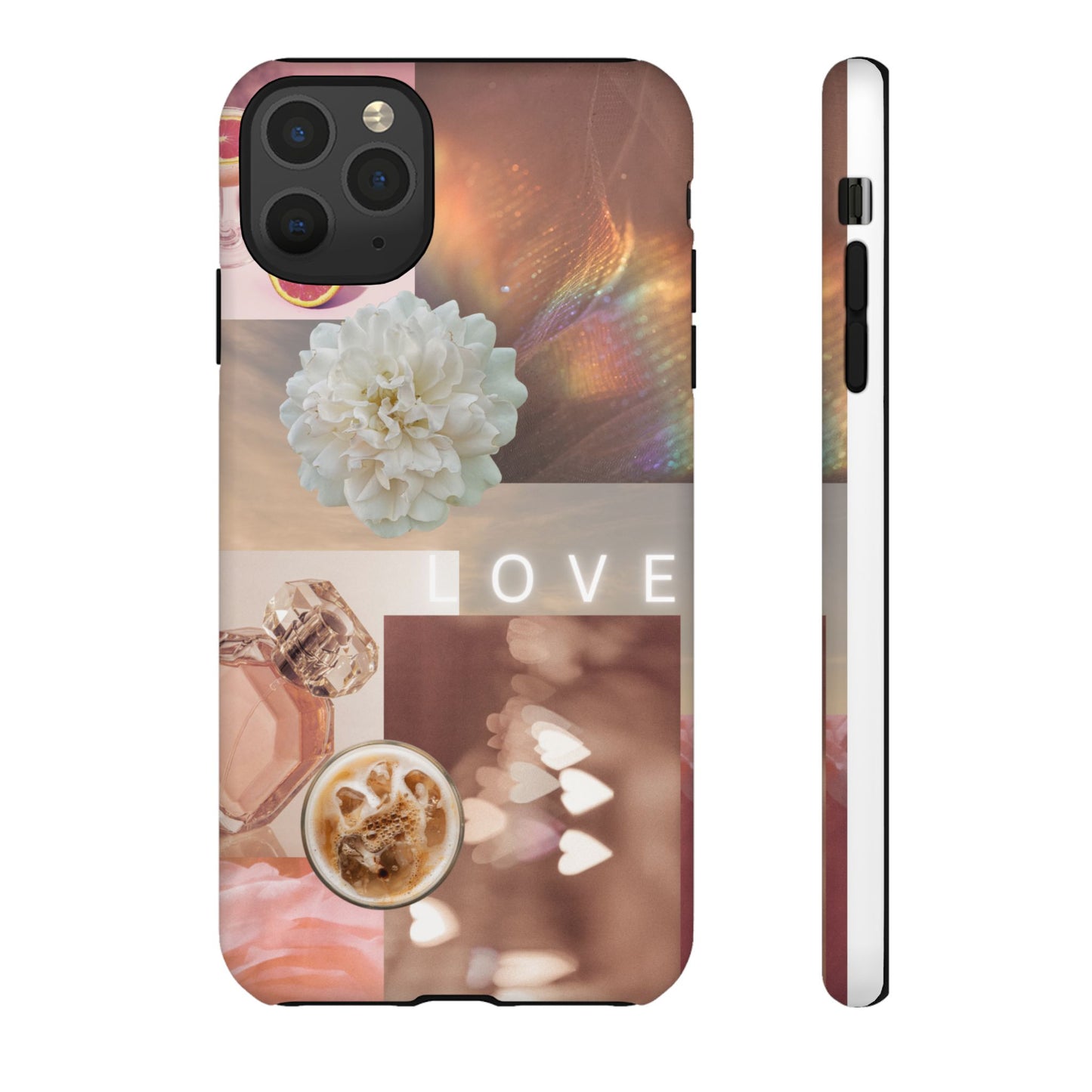 Romantic Collage Phone Case — 'LOVE' Floral, Coffee & Perfume Aesthetic