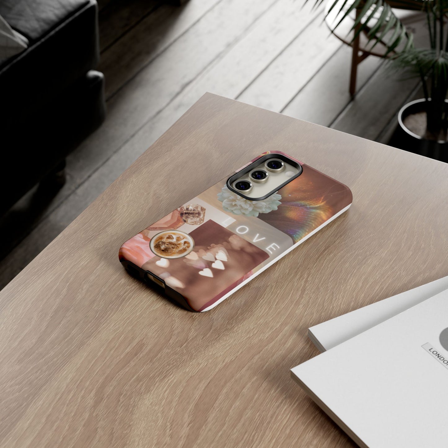 Romantic Collage Phone Case — 'LOVE' Floral, Coffee & Perfume Aesthetic