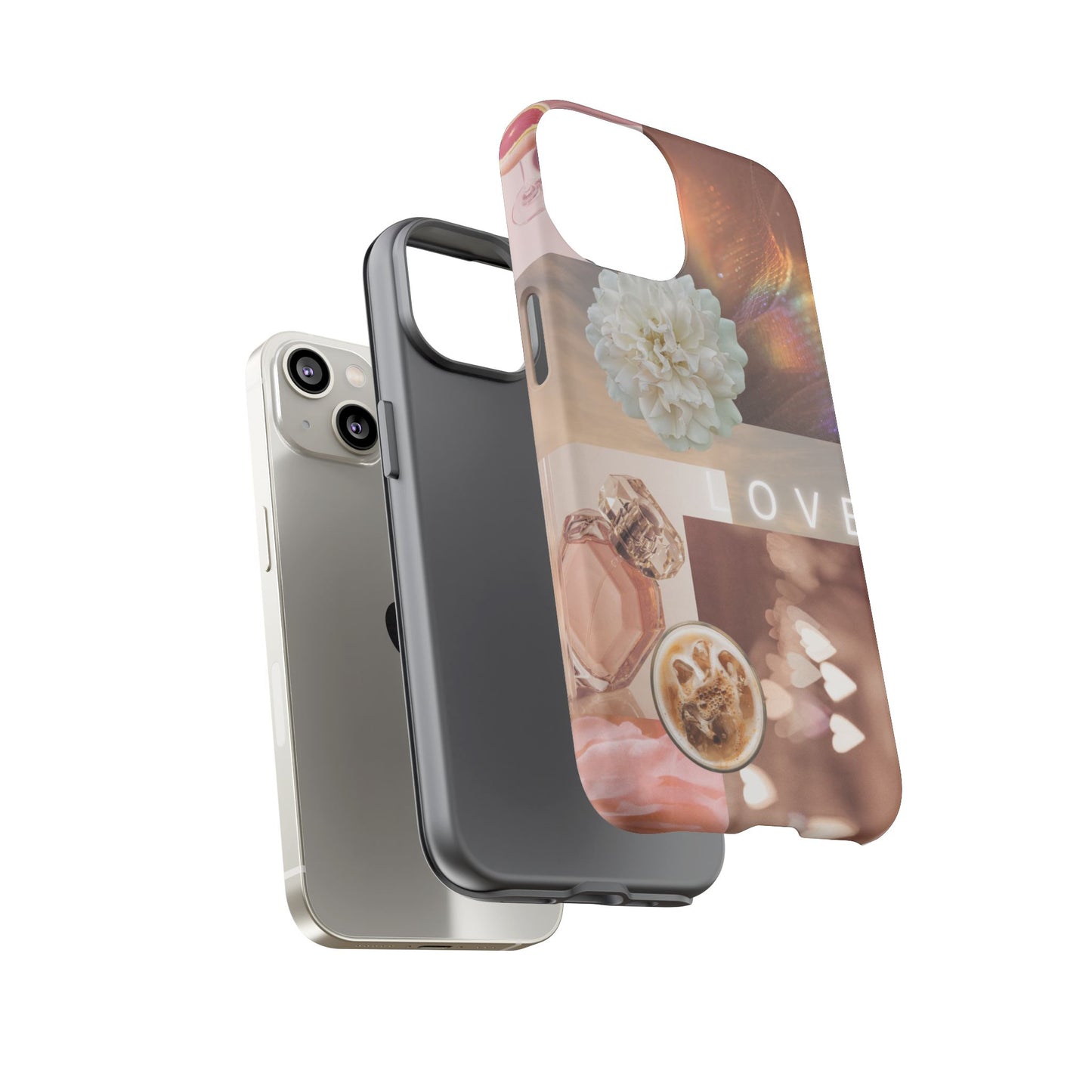 Romantic Collage Phone Case — 'LOVE' Floral, Coffee & Perfume Aesthetic