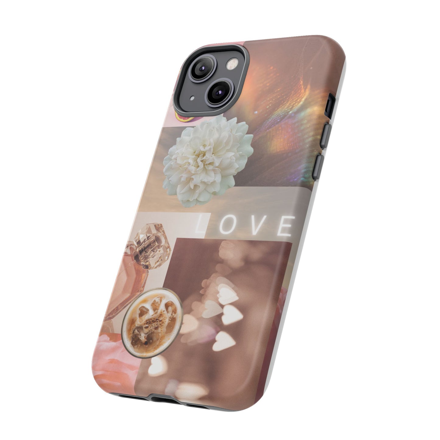 Romantic Collage Phone Case — 'LOVE' Floral, Coffee & Perfume Aesthetic