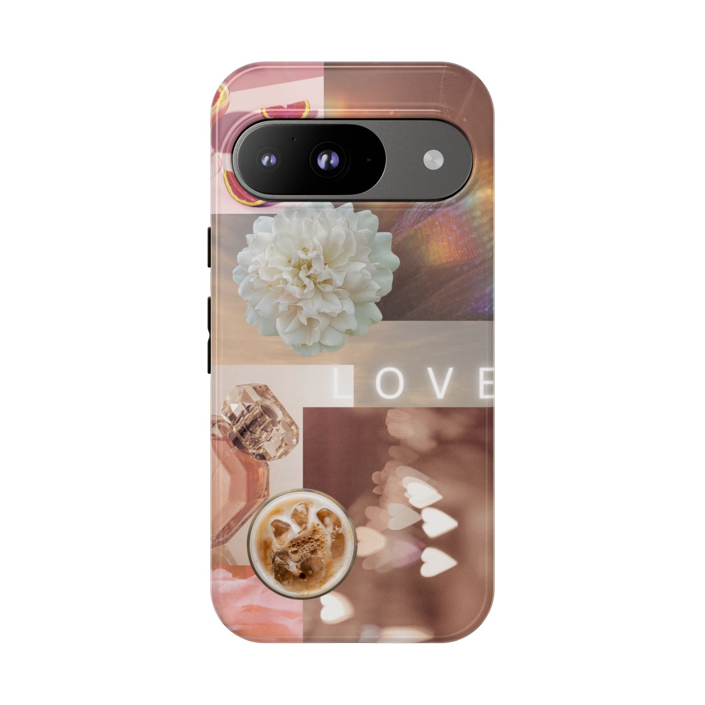 Romantic Collage Phone Case — 'LOVE' Floral, Coffee & Perfume Aesthetic