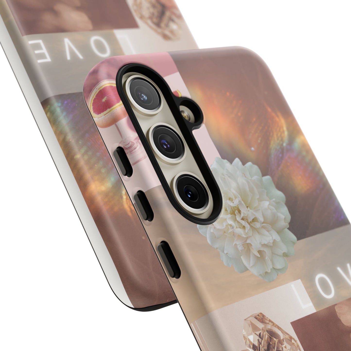 Romantic Collage Phone Case — 'LOVE' Floral, Coffee & Perfume Aesthetic