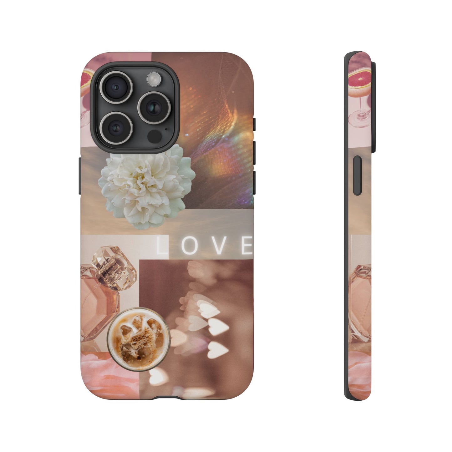 Romantic Collage Phone Case — 'LOVE' Floral, Coffee & Perfume Aesthetic