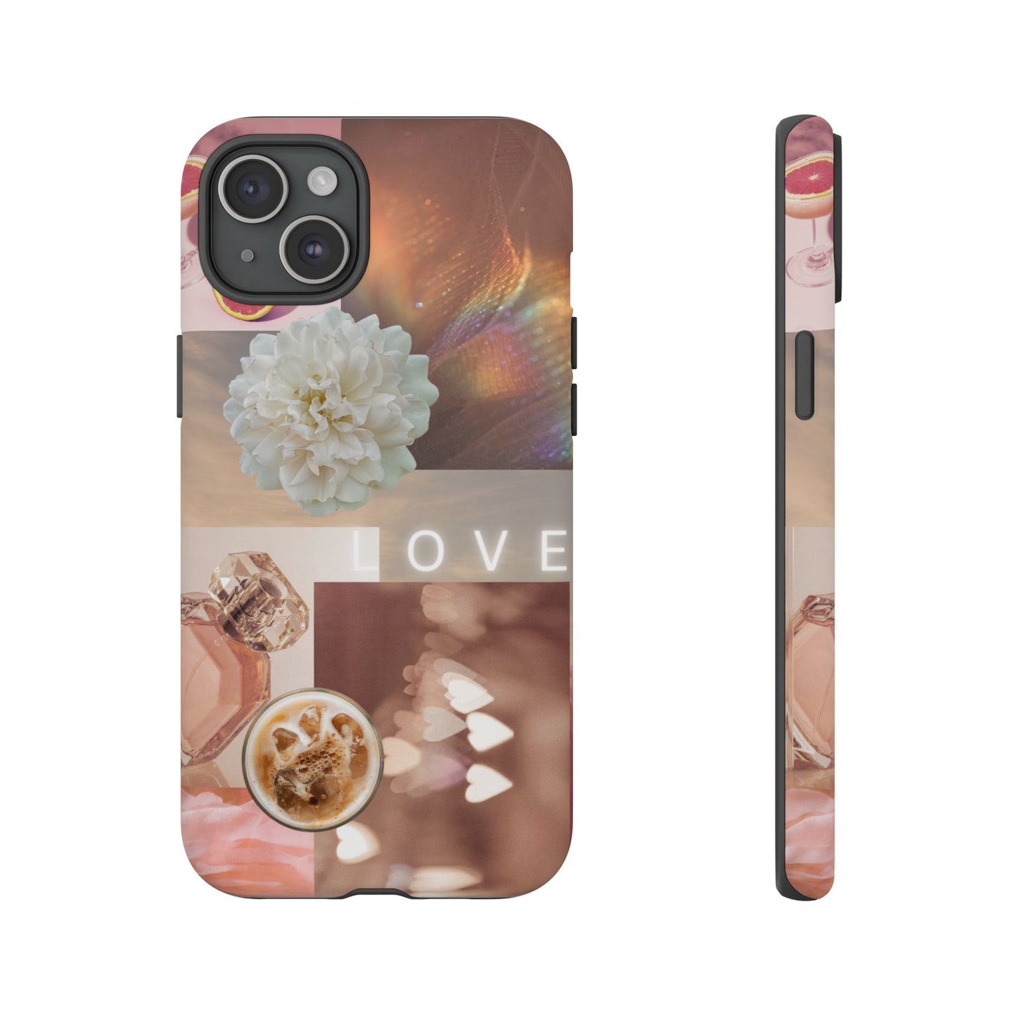 Romantic Collage Phone Case — 'LOVE' Floral, Coffee & Perfume Aesthetic