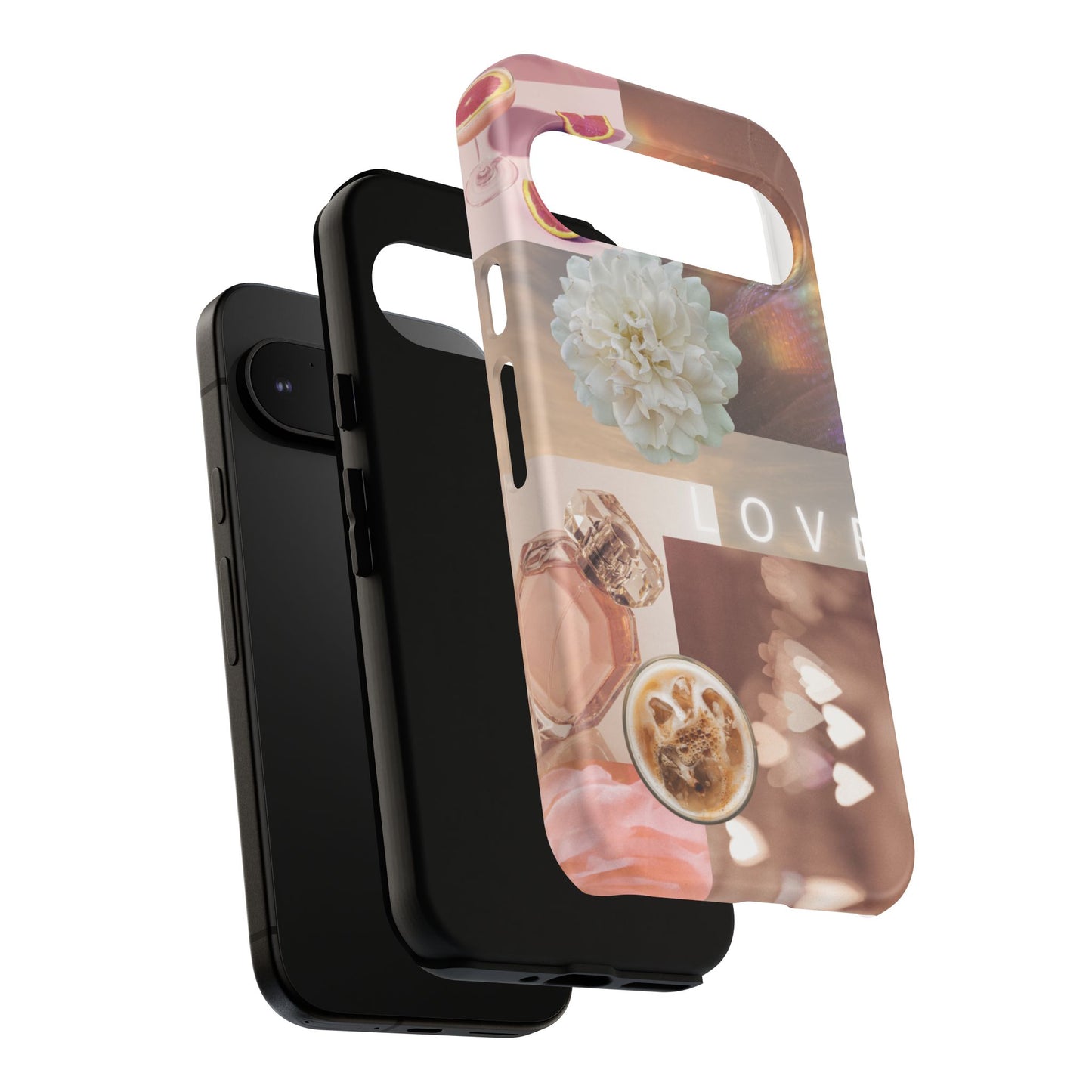 Romantic Collage Phone Case — 'LOVE' Floral, Coffee & Perfume Aesthetic