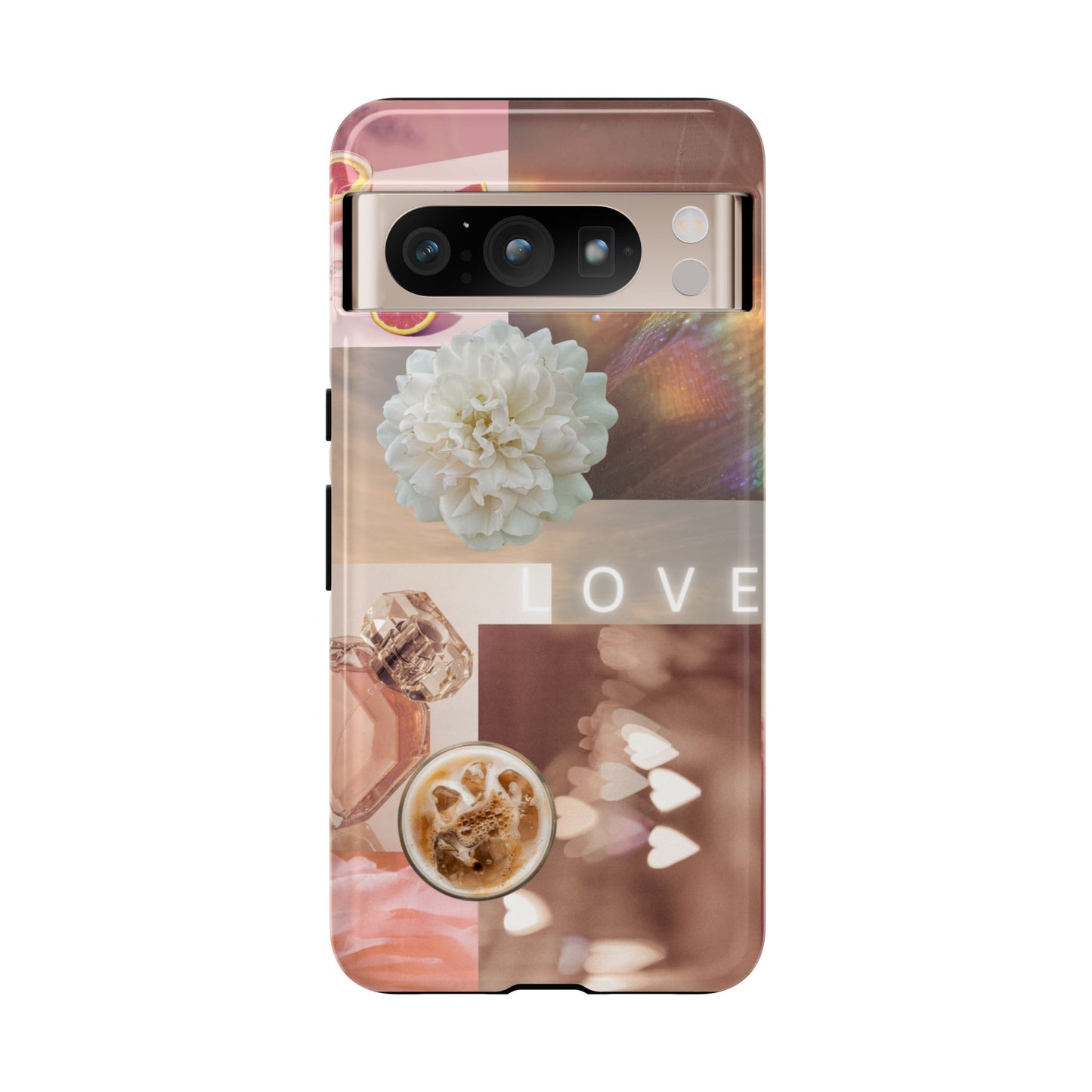 Romantic Collage Phone Case — 'LOVE' Floral, Coffee & Perfume Aesthetic