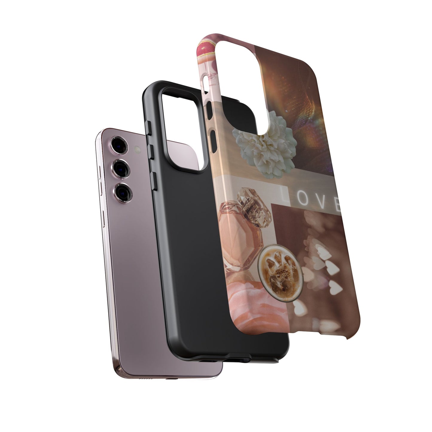 Romantic Collage Phone Case — 'LOVE' Floral, Coffee & Perfume Aesthetic