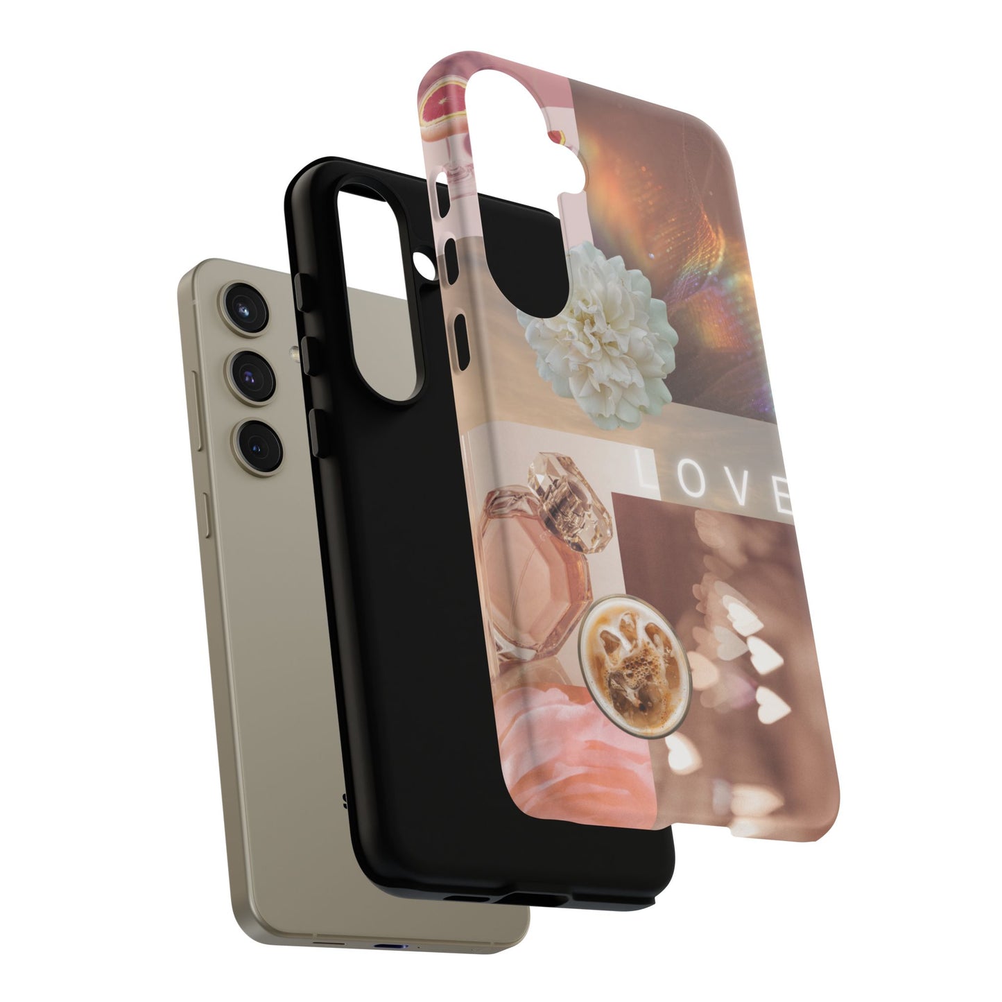 Romantic Collage Phone Case — 'LOVE' Floral, Coffee & Perfume Aesthetic
